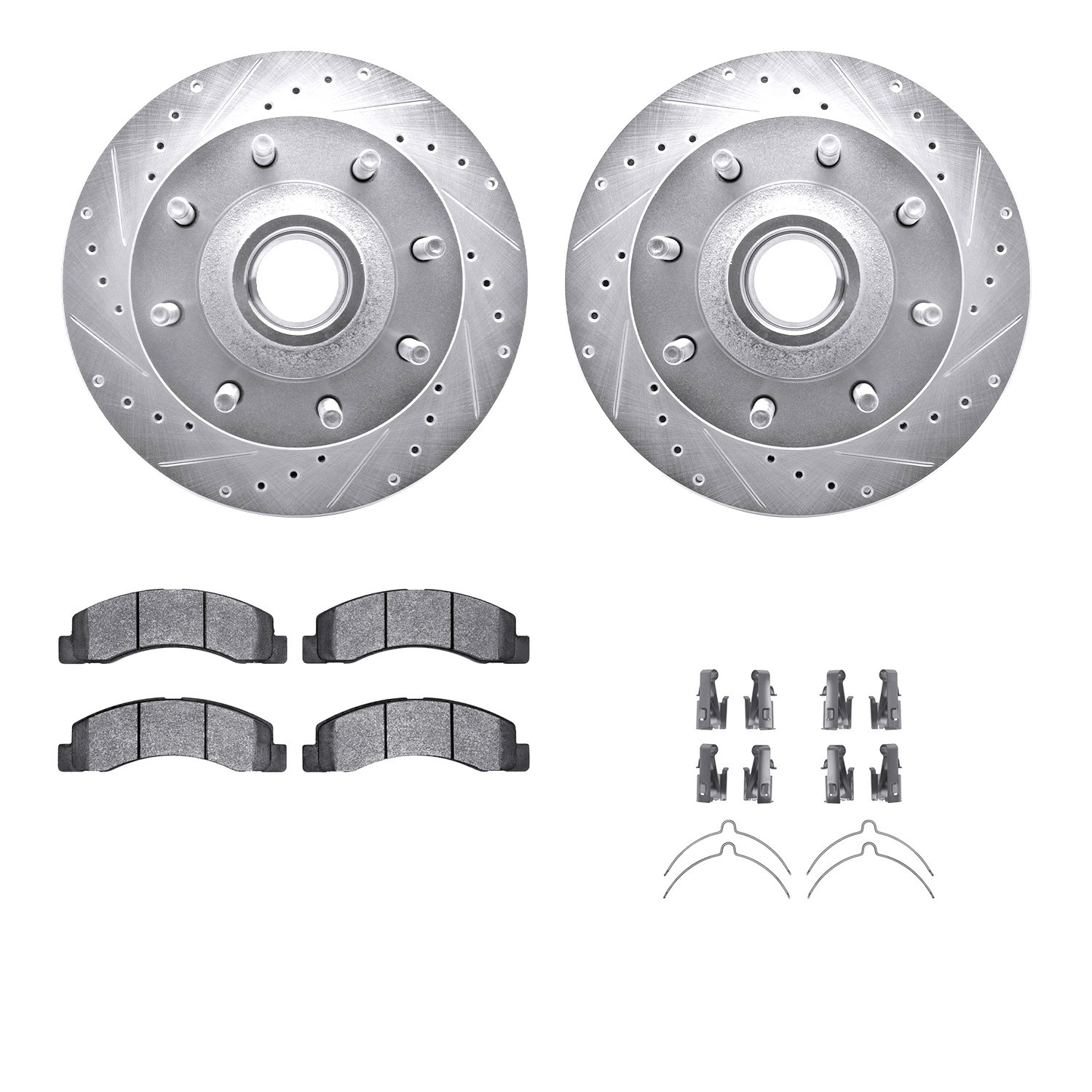 7212-99190 Drilled/Slotted Rotors w/Heavy-Duty Brake Pads Kit & Hardware [Silver], 2003-2005 Ford/Lincoln/Mercury/Mazda, Positio