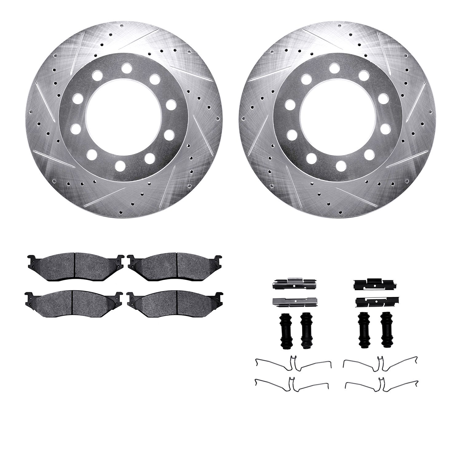 7212-99199 Drilled/Slotted Rotors w/Heavy-Duty Brake Pads Kit & Hardware [Silver], 2005-2016 Ford/Lincoln/Mercury/Mazda, Positio