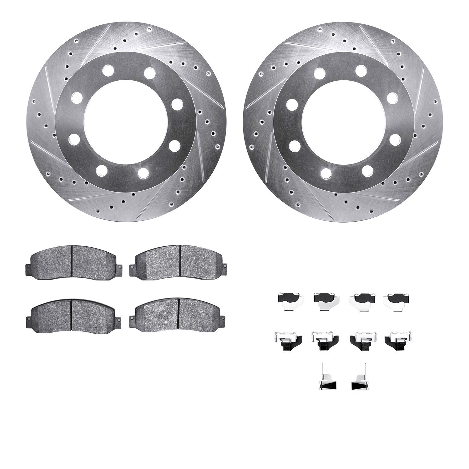 7212-99200 Drilled/Slotted Rotors w/Heavy-Duty Brake Pads Kit & Hardware [Silver], 2005-2011 Ford/Lincoln/Mercury/Mazda, Positio