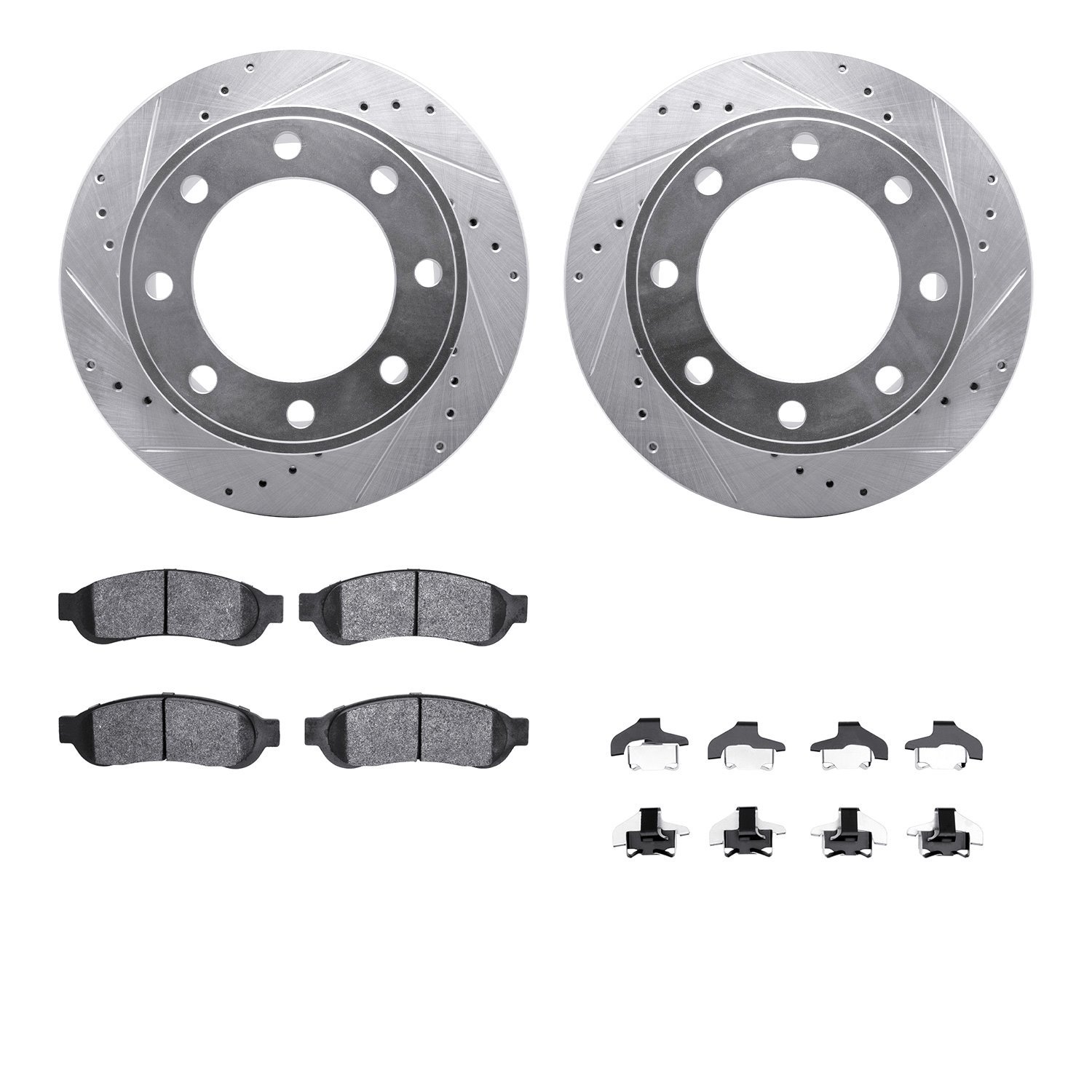 7212-99202 Drilled/Slotted Rotors w/Heavy-Duty Brake Pads Kit & Hardware [Silver], 2006-2010 Ford/Lincoln/Mercury/Mazda, Positio