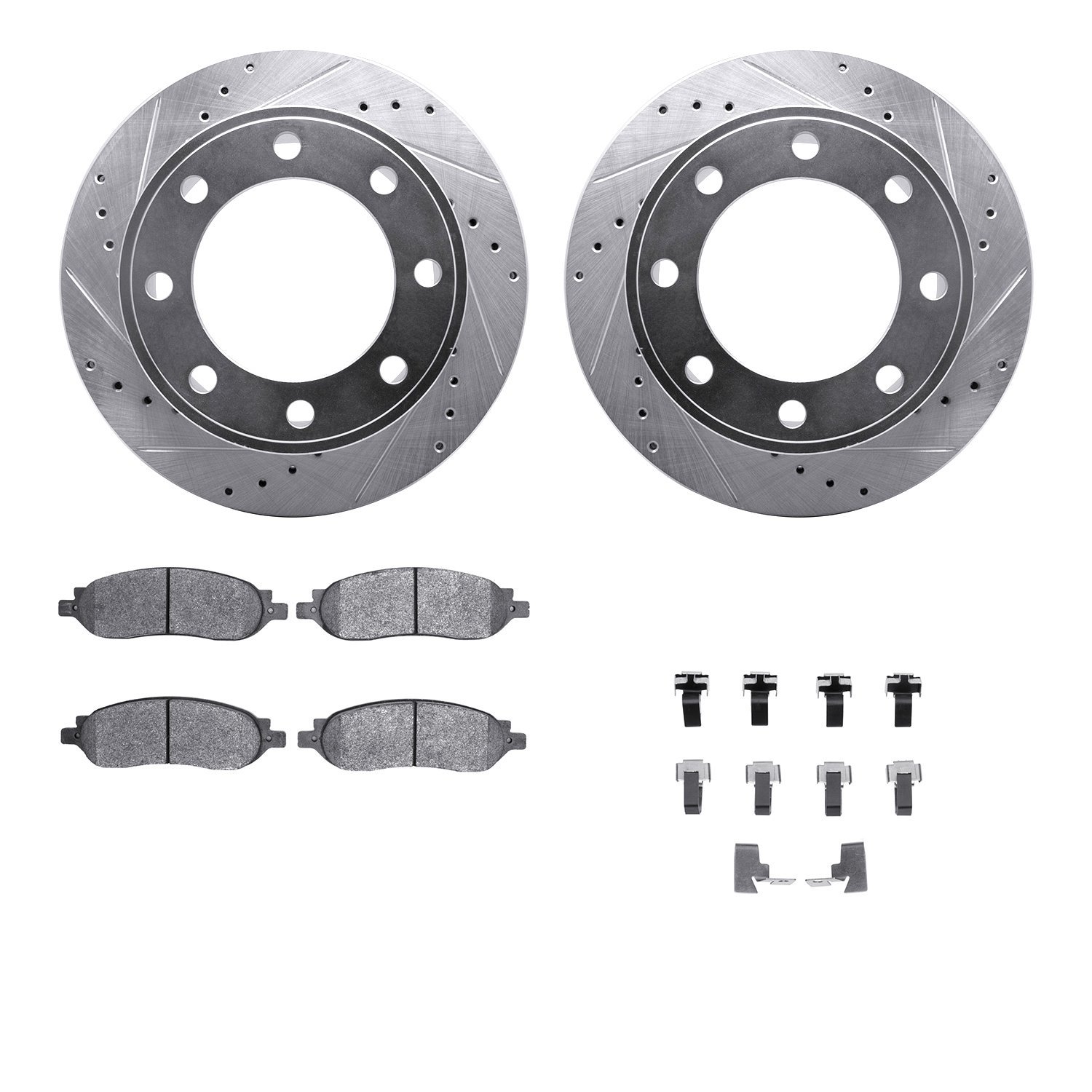 7212-99203 Drilled/Slotted Rotors w/Heavy-Duty Brake Pads Kit & Hardware [Silver], 2005-2007 Ford/Lincoln/Mercury/Mazda, Positio