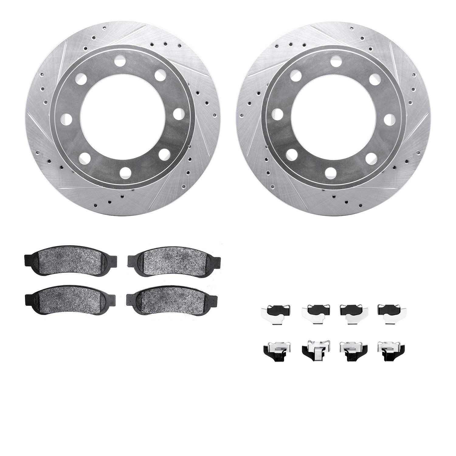 7212-99204 Drilled/Slotted Rotors w/Heavy-Duty Brake Pads Kit & Hardware [Silver], 2010-2012 Ford/Lincoln/Mercury/Mazda, Positio