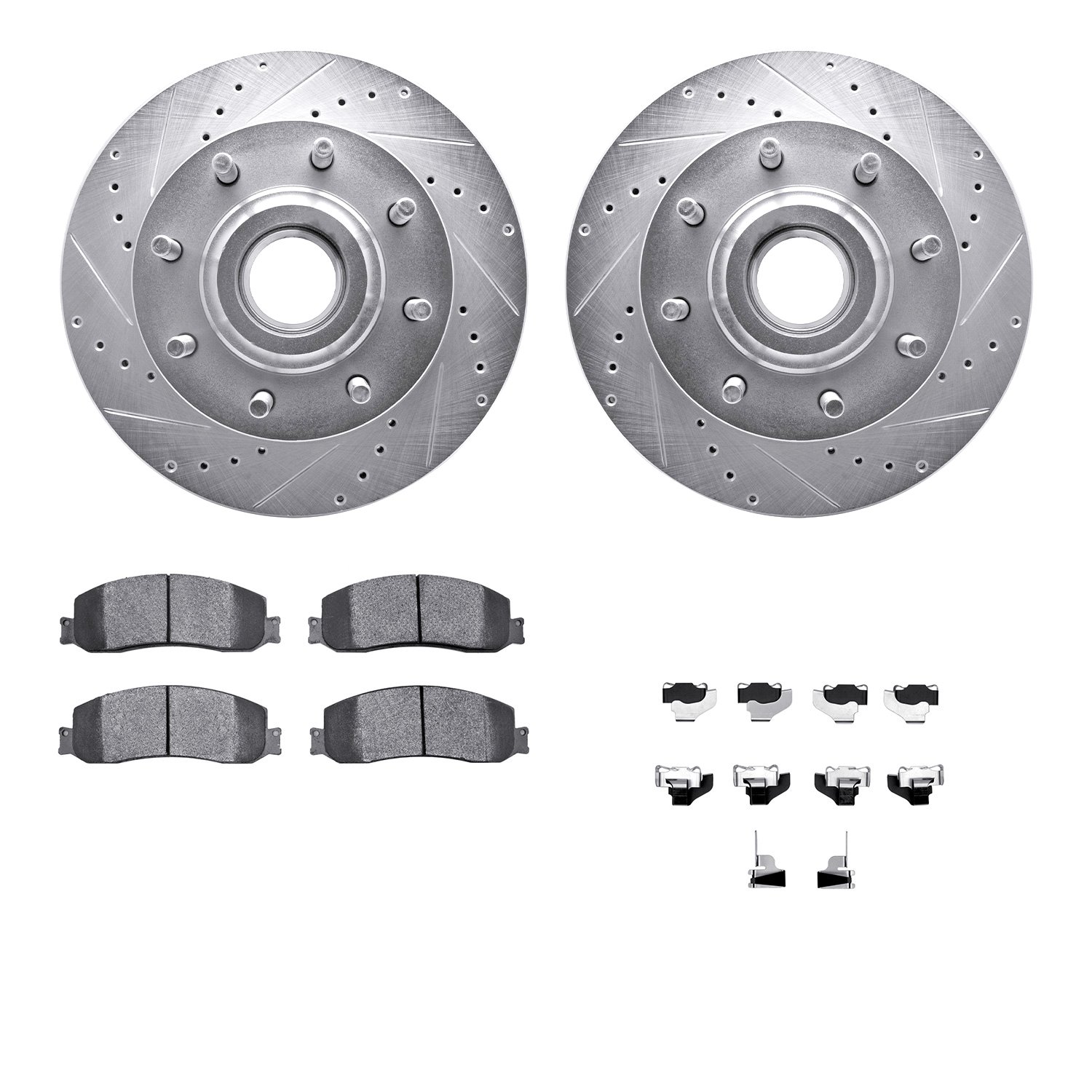 7212-99217 Drilled/Slotted Rotors w/Heavy-Duty Brake Pads Kit & Hardware [Silver], 2012-2012 Ford/Lincoln/Mercury/Mazda, Positio