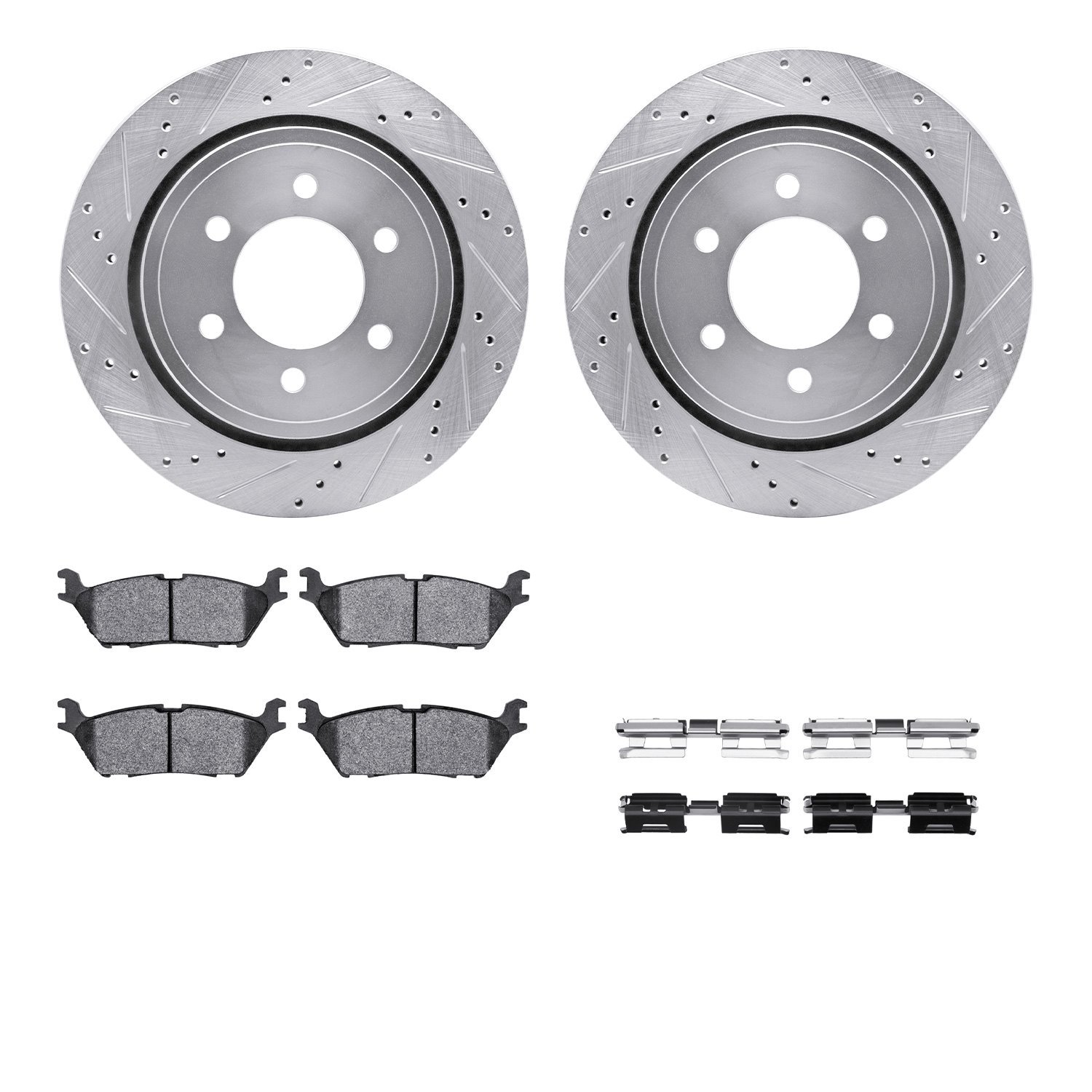 7212-99244 Drilled/Slotted Rotors w/Heavy-Duty Brake Pads Kit & Hardware [Silver], 2015-2017 Ford/Lincoln/Mercury/Mazda, Positio