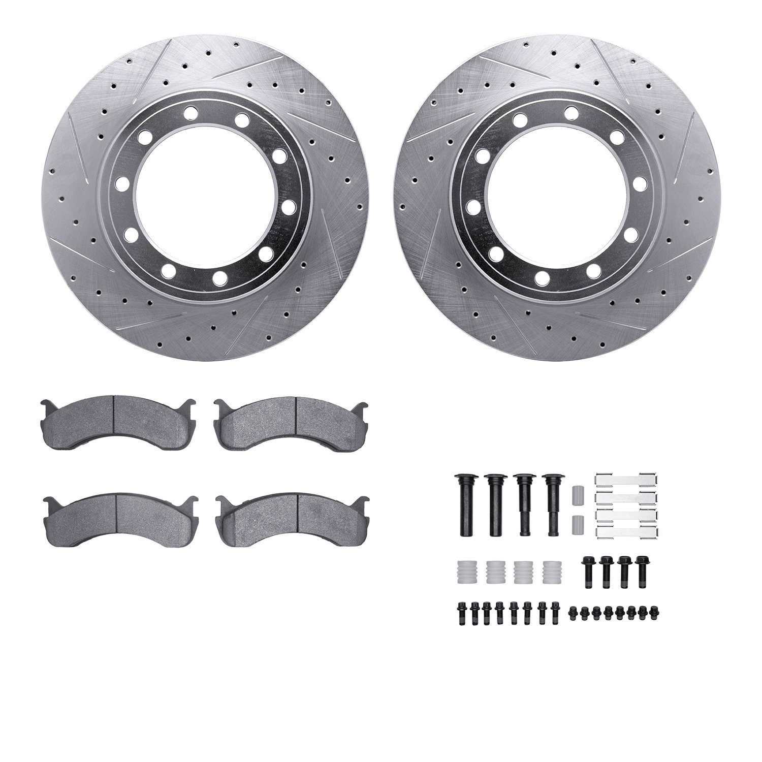 7212-99257 Drilled/Slotted Rotors w/Heavy-Duty Brake Pads Kit & Hardware [Silver], 2007-2019 Multiple Makes/Models, Position: Re