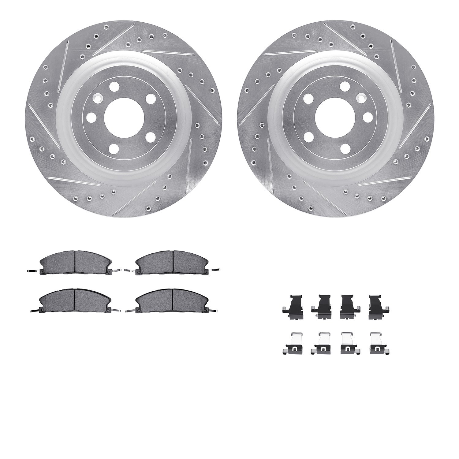 7212-99268 Drilled/Slotted Rotors w/Heavy-Duty Brake Pads Kit & Hardware [Silver], 2013-2019 Ford/Lincoln/Mercury/Mazda, Positio