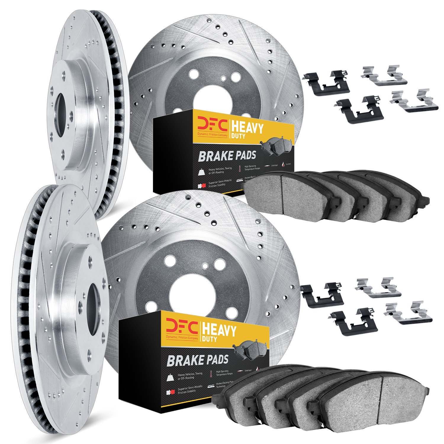 7214-39070 Drilled/Slotted Rotors w/Heavy-Duty Brake Pads Kit & Hardware [Silver], Fits Select Mopar, Position: Front and Rear