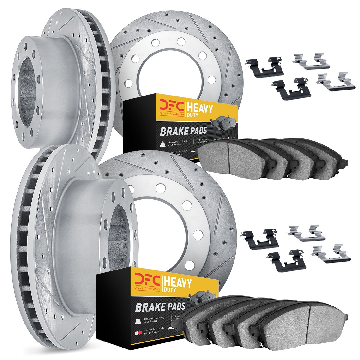 7214-40250 Drilled/Slotted Rotors w/Heavy-Duty Brake Pads Kit & Hardware [Silver], 2005-2017 Multiple Makes/Models, Position: Fr