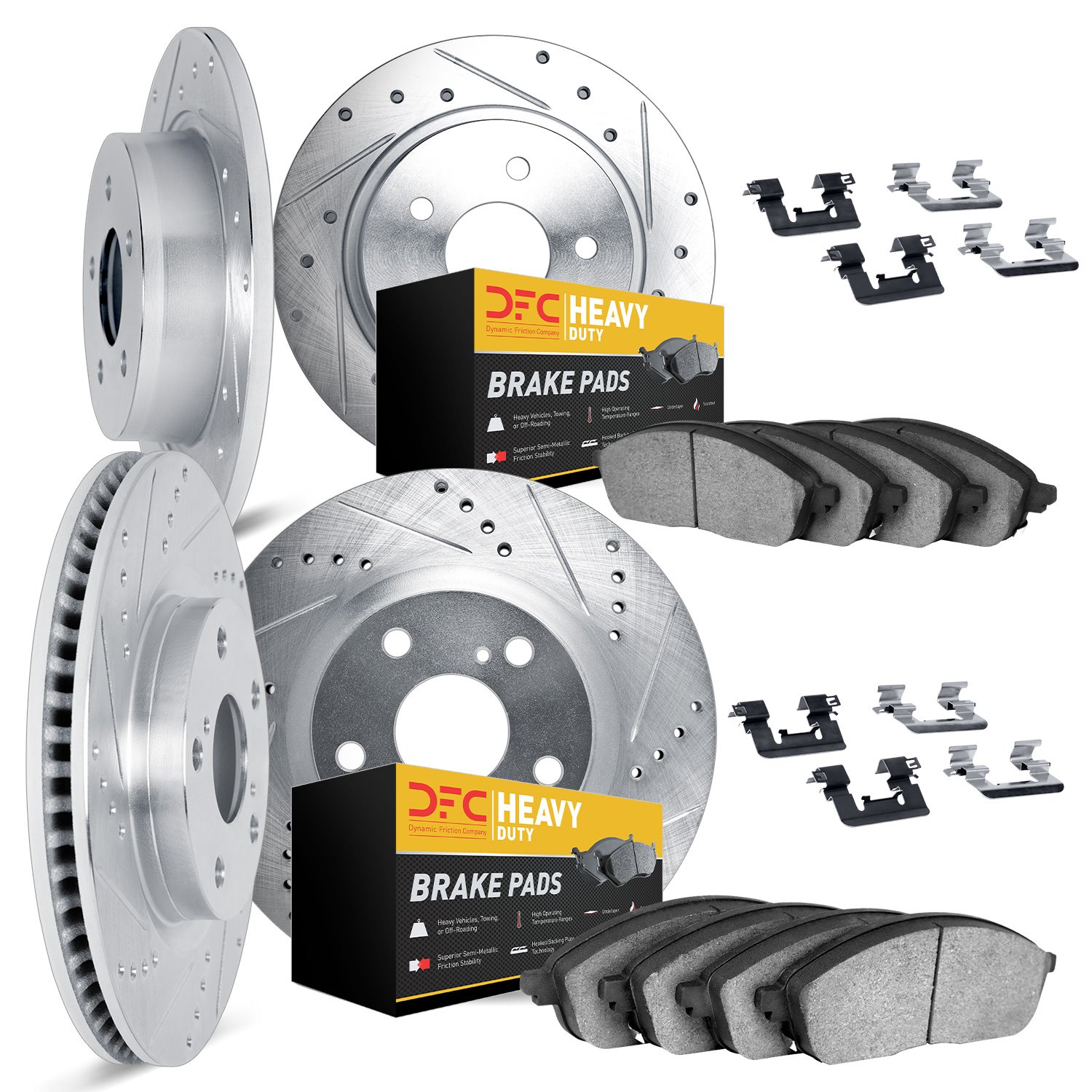 7214-42075 Drilled/Slotted Rotors w/Heavy-Duty Brake Pads Kit & Hardware [Silver], 2011-2012 Mopar, Position: Front and Rear