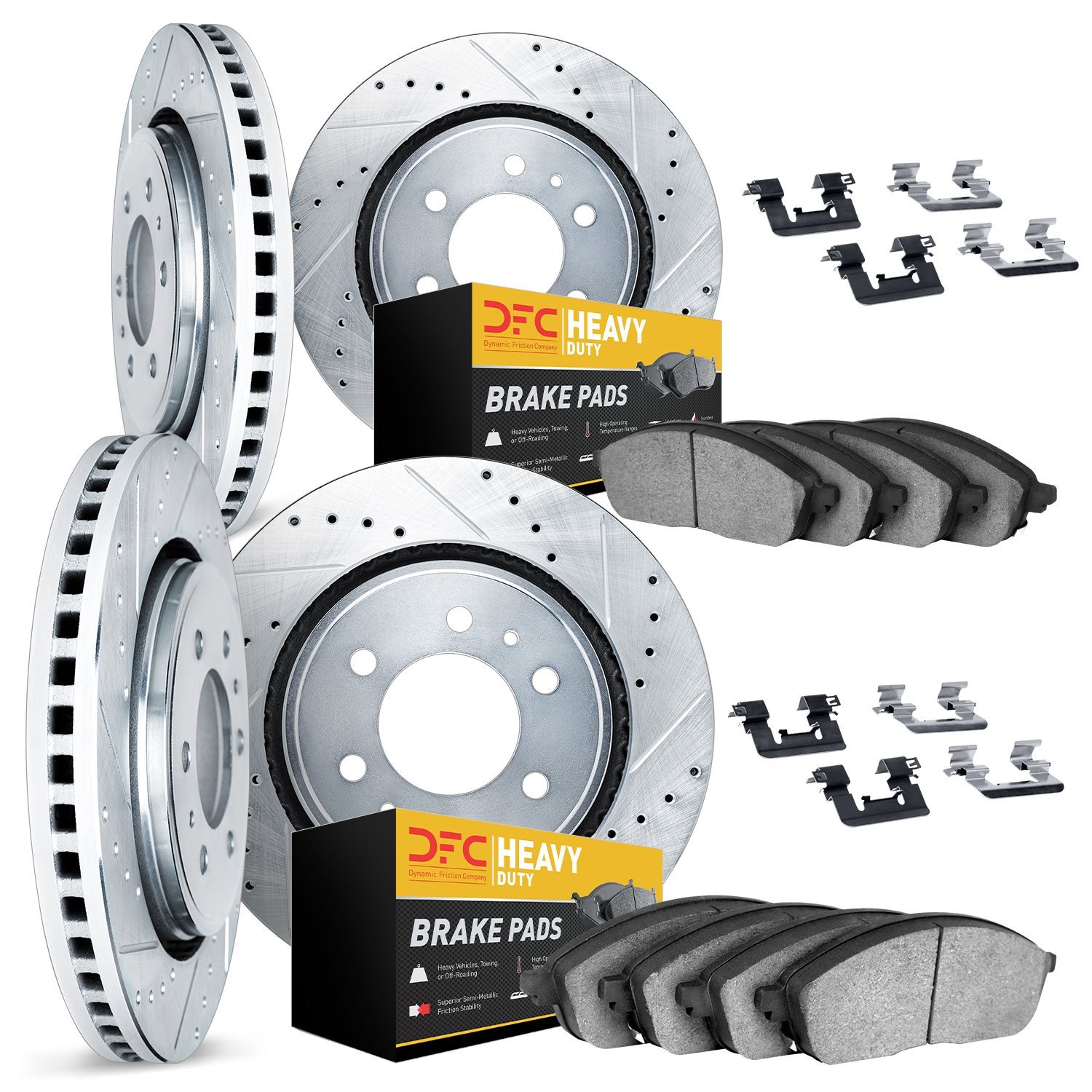 7214-46039 Drilled/Slotted Rotors w/Heavy-Duty Brake Pads Kit & Hardware [Silver], 2013-2019 GM, Position: Front and Rear