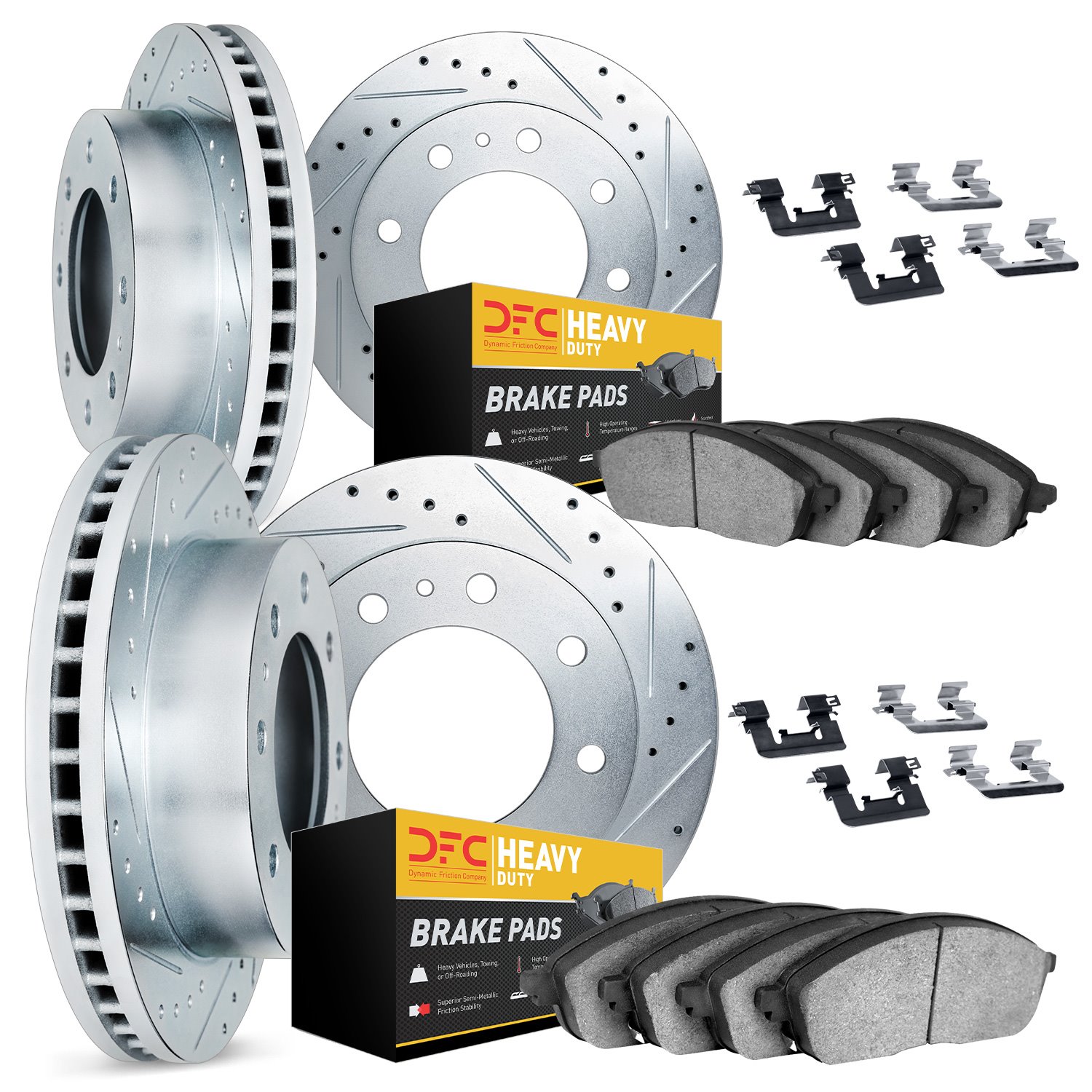 7214-48025 Drilled/Slotted Rotors w/Heavy-Duty Brake Pads Kit & Hardware [Silver], 2011-2019 GM, Position: Front and Rear