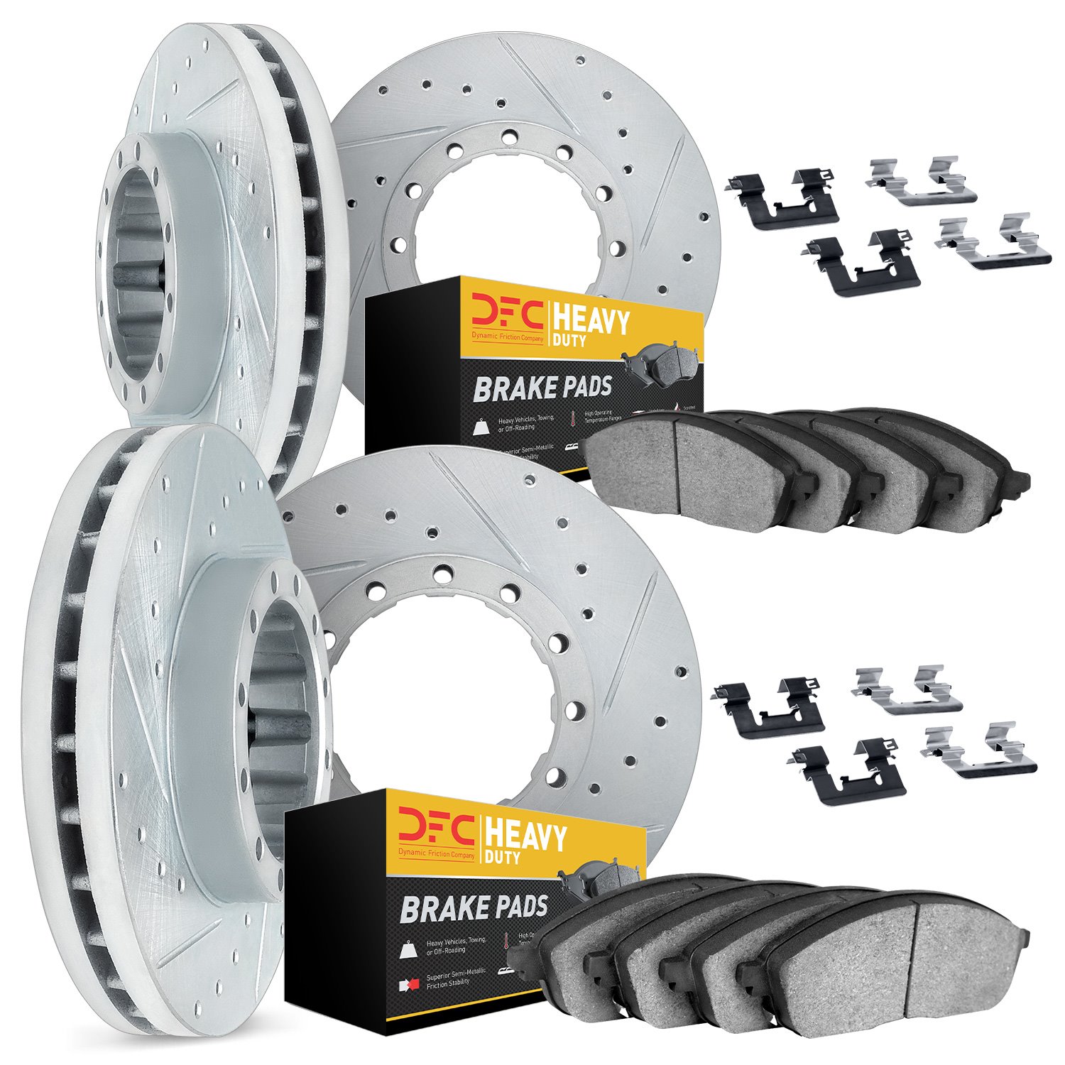 7214-72070 Drilled/Slotted Rotors w/Heavy-Duty Brake Pads Kit & Hardware [Silver], 2010-2011 Freightliner, Position: Front and R