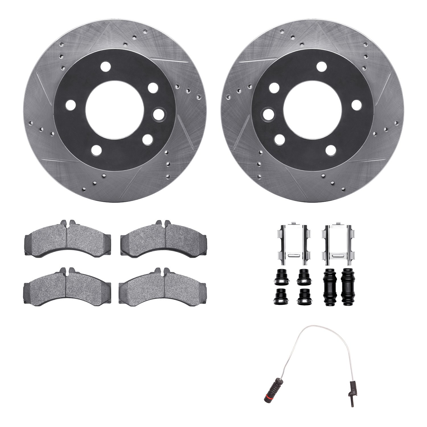 7222-40008 Drilled/Slotted Rotors w/Heavy-Duty Brake Pads/Sensor & Hardware Kit [Silver], 2003-2006 Mopar, Position: Front