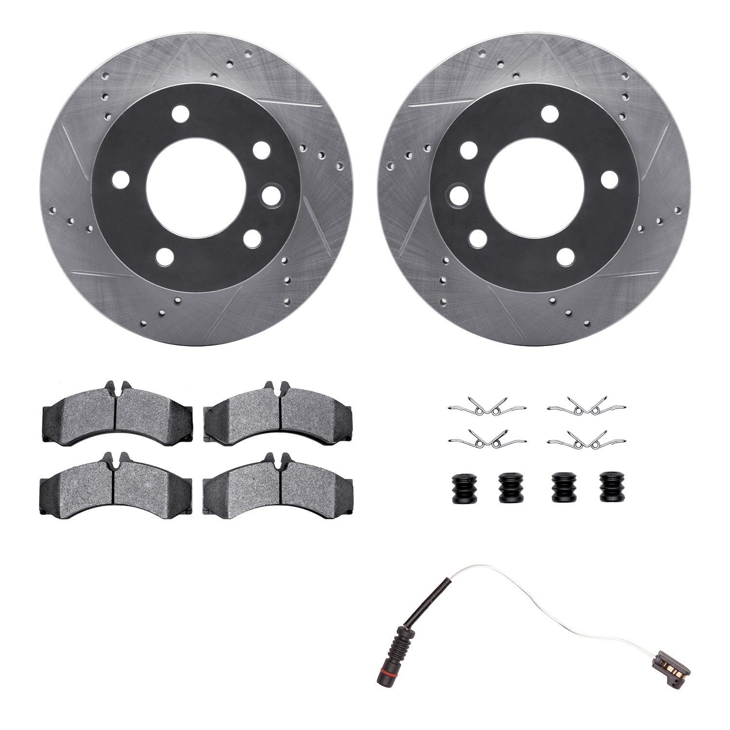 7222-40010 Drilled/Slotted Rotors w/Heavy-Duty Brake Pads/Sensor & Hardware Kit [Silver], 2003-2006 Mopar, Position: Front