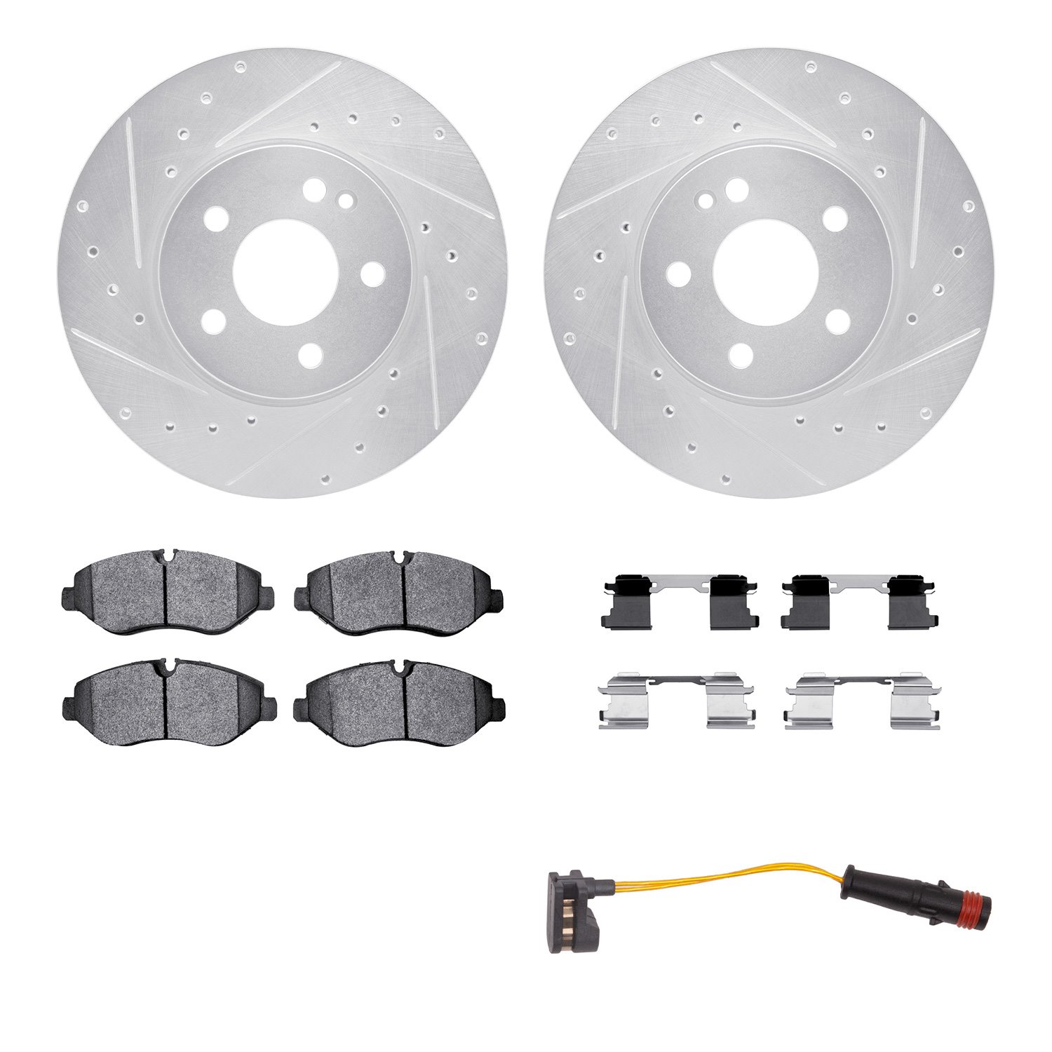 7222-63210 Drilled/Slotted Rotors w/Heavy-Duty Brake Pads/Sensor & Hardware Kit [Silver], Fits Select Mercedes-Benz, Position: F