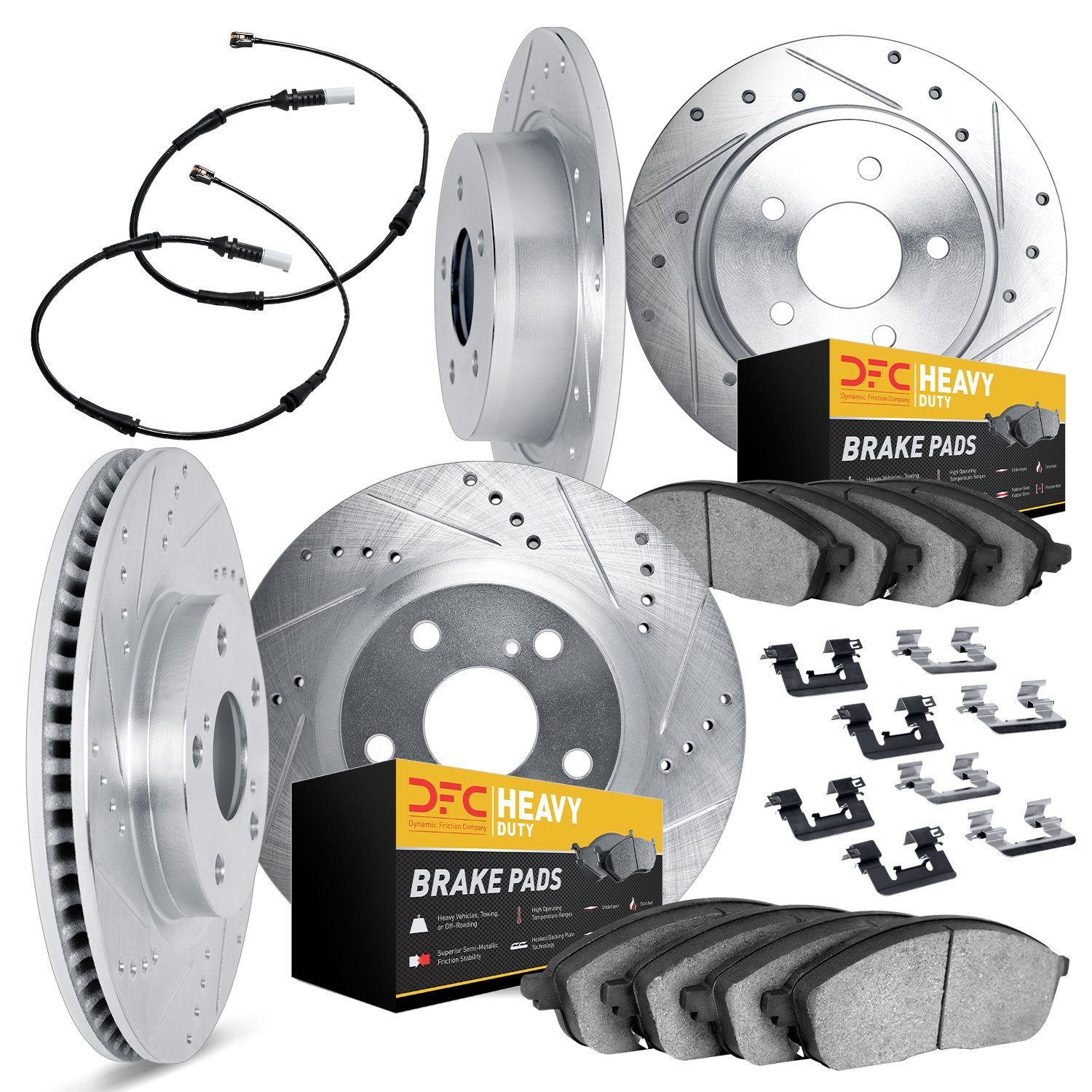 7224-40003 Drilled/Slotted Rotors w/Heavy-Duty Brake Pads/Sensor & Hardware Kit [Silver], 2003-2006 Mopar, Position: Front and R