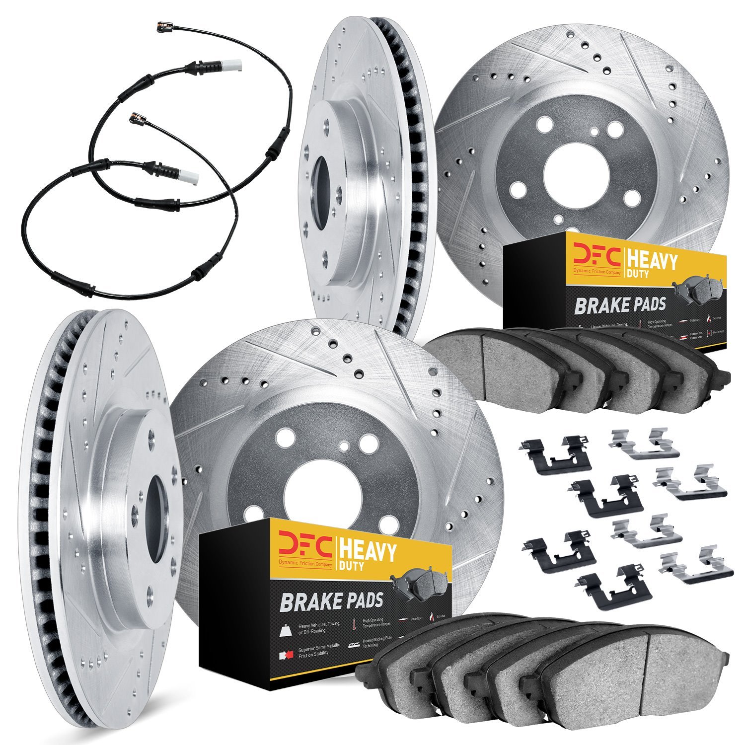 7224-40005 Drilled/Slotted Rotors w/Heavy-Duty Brake Pads/Sensor & Hardware Kit [Silver], 2006-2006 Mopar, Position: Front and R