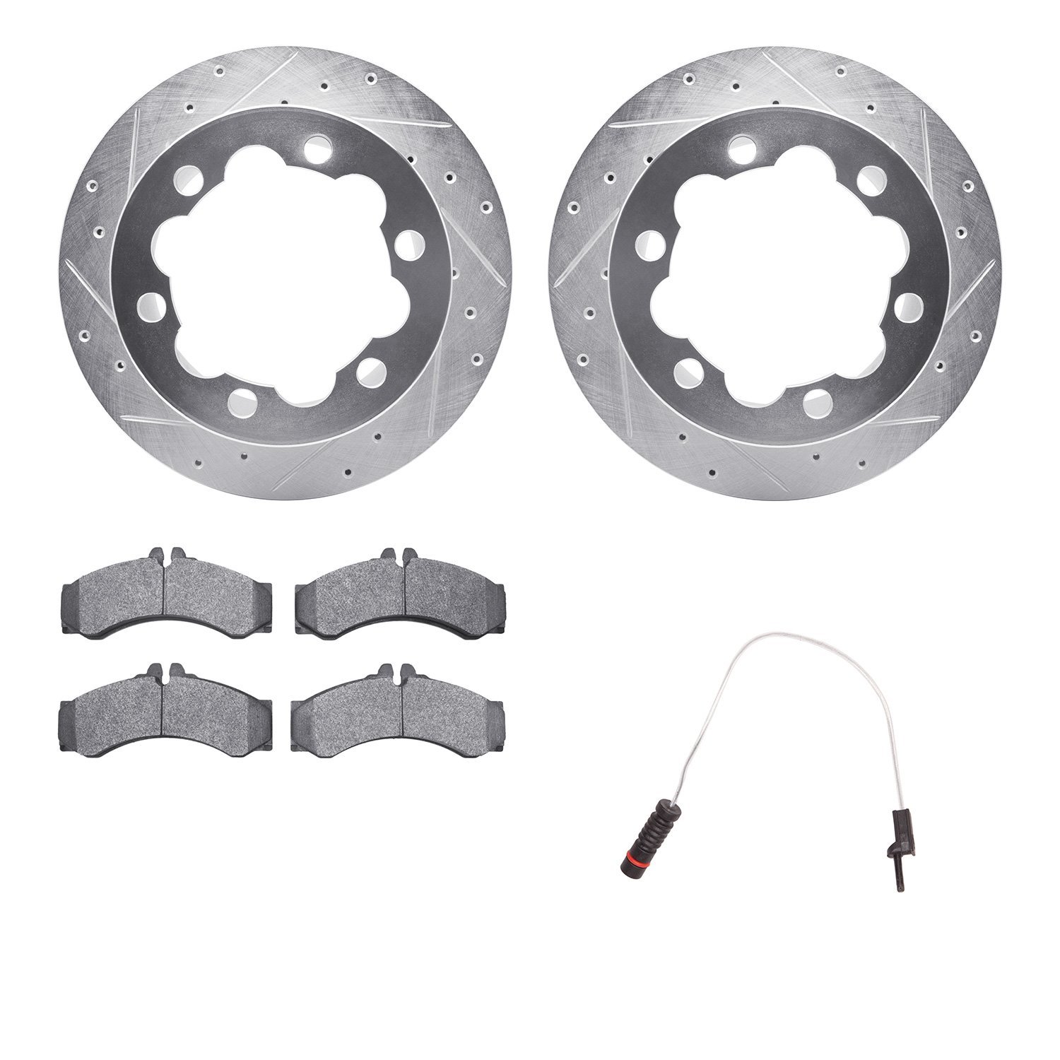 7232-40001 Drilled/Slotted Rotors w/Heavy-Duty Brake Pads Kit & Sensor [Silver], 2002-2006 Multiple Makes/Models, Position: Rear
