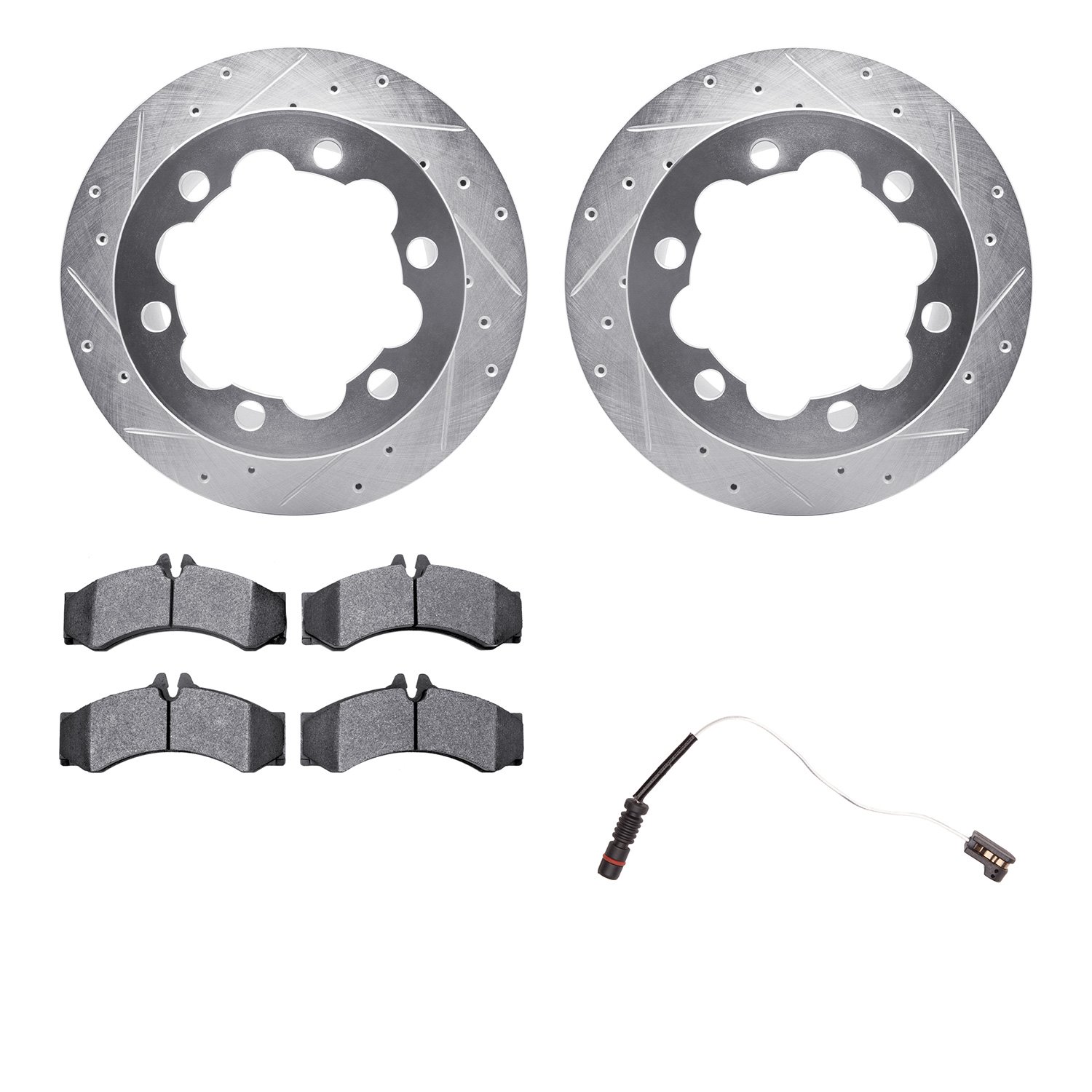 7232-40002 Drilled/Slotted Rotors w/Heavy-Duty Brake Pads Kit & Sensor [Silver], 2002-2006 Multiple Makes/Models, Position: Rear
