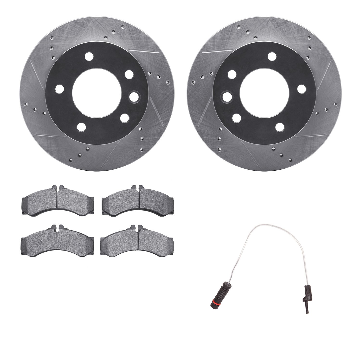 7232-40003 Drilled/Slotted Rotors w/Heavy-Duty Brake Pads Kit & Sensor [Silver], 2002-2006 Multiple Makes/Models, Position: Fron
