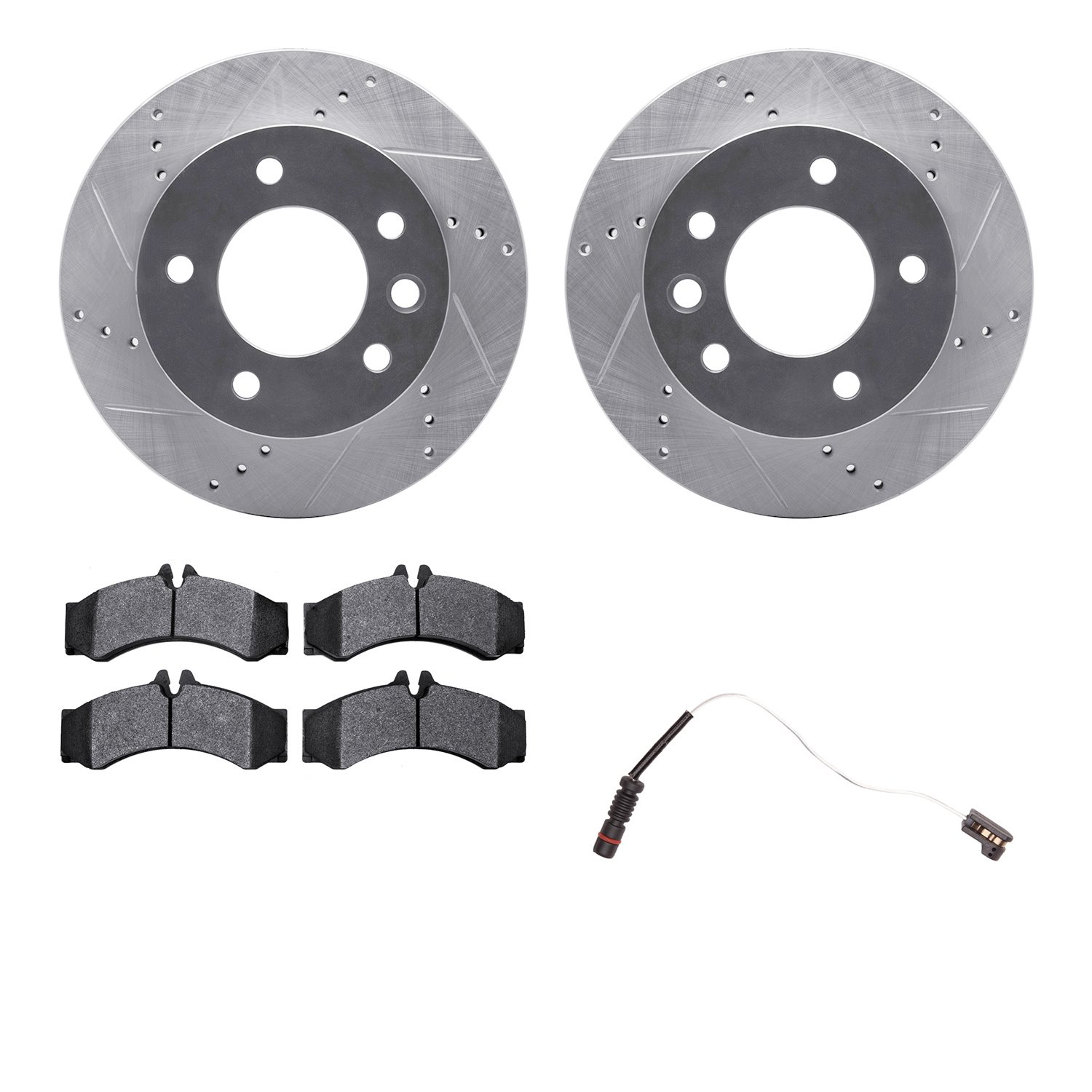 7232-40004 Drilled/Slotted Rotors w/Heavy-Duty Brake Pads Kit & Sensor [Silver], 2002-2006 Multiple Makes/Models, Position: Fron
