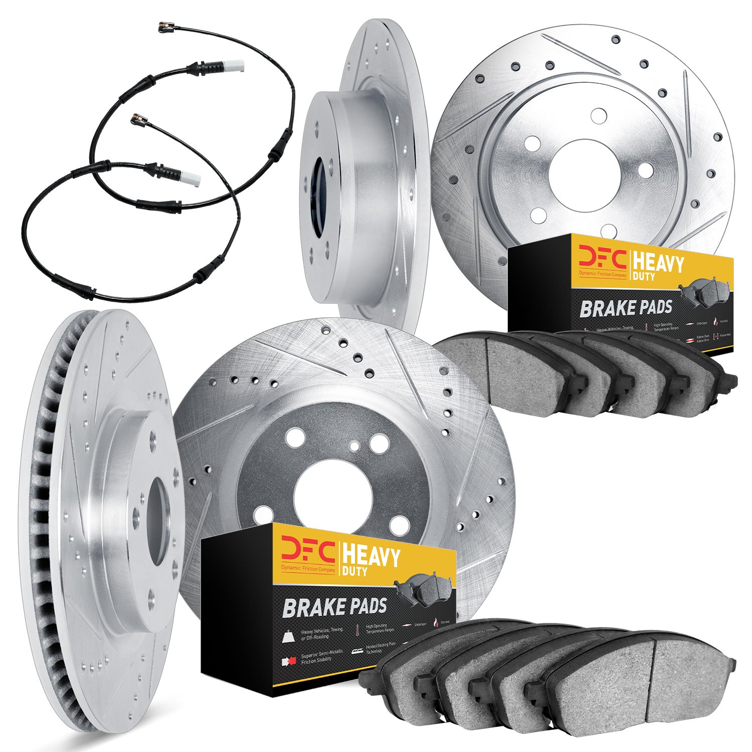 7234-40001 Drilled/Slotted Rotors w/Heavy-Duty Brake Pads Kit & Sensor [Silver], 2002-2006 Multiple Makes/Models, Position: Fron