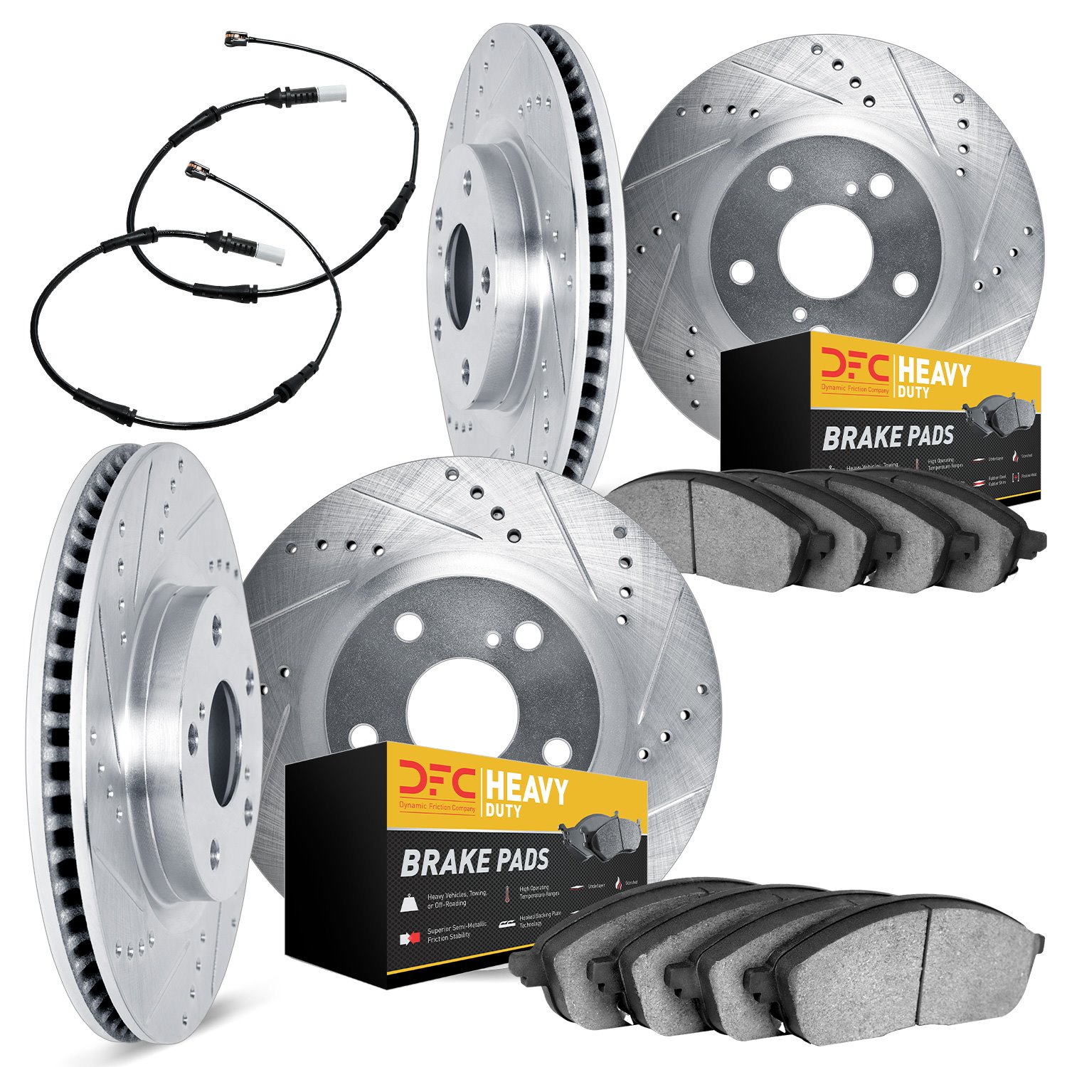 7234-40004 Drilled/Slotted Rotors w/Heavy-Duty Brake Pads Kit & Sensor [Silver], 2002-2006 Multiple Makes/Models, Position: Fron