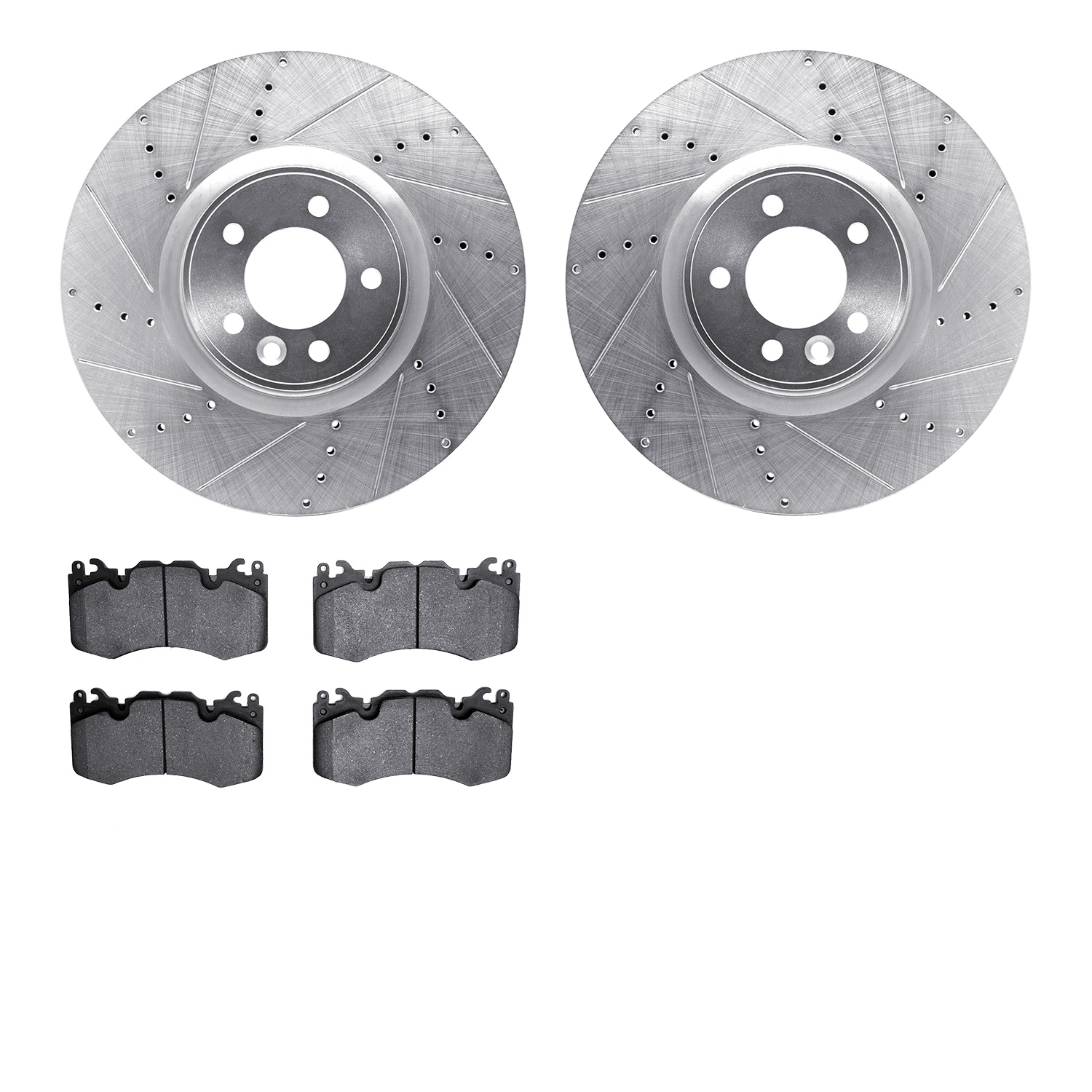 7302-11022 Drilled/Slotted Brake Rotor with 3000-Series Ceramic Brake Pads Kit [Silver], 2010-2017 Land Rover, Position: Front