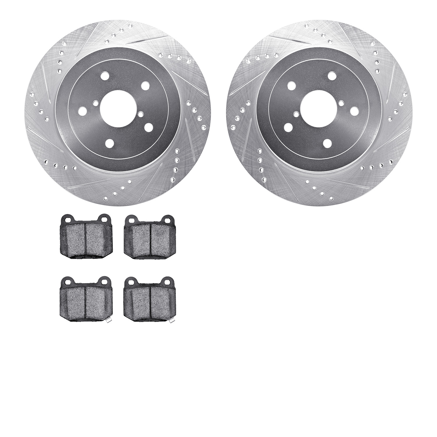 7302-13031 Drilled/Slotted Brake Rotor with 3000-Series Ceramic Brake Pads Kit [Silver], 2005-2007 Subaru, Position: Rear