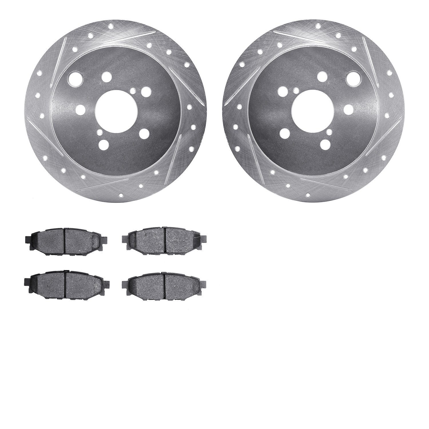 7302-13043 Drilled/Slotted Brake Rotor with 3000-Series Ceramic Brake Pads Kit [Silver], Fits Select Subaru, Position: Rear