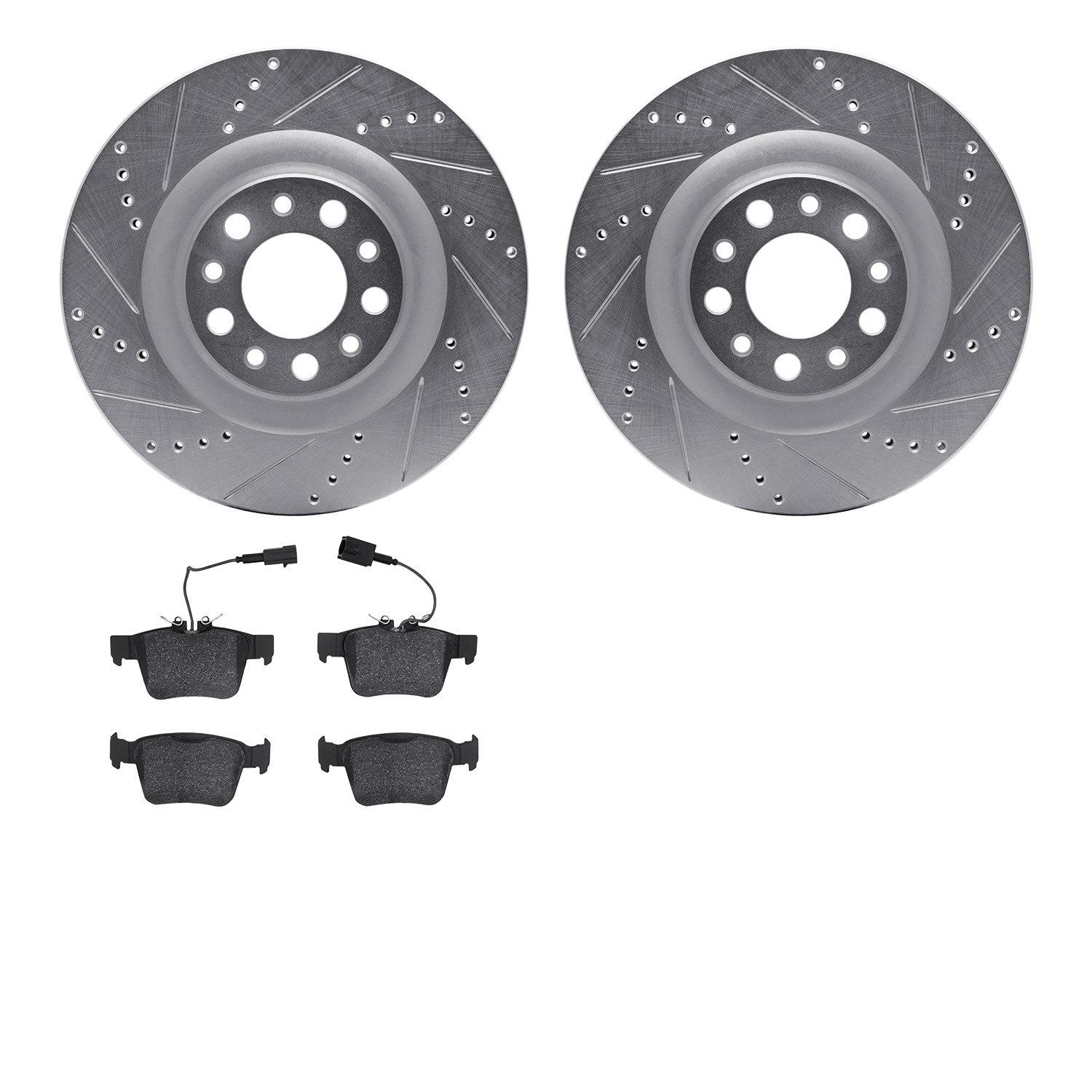 7302-16007 Drilled/Slotted Brake Rotor with 3000-Series Ceramic Brake Pads Kit [Silver], 2017-2021 Alfa Romeo, Position: Rear