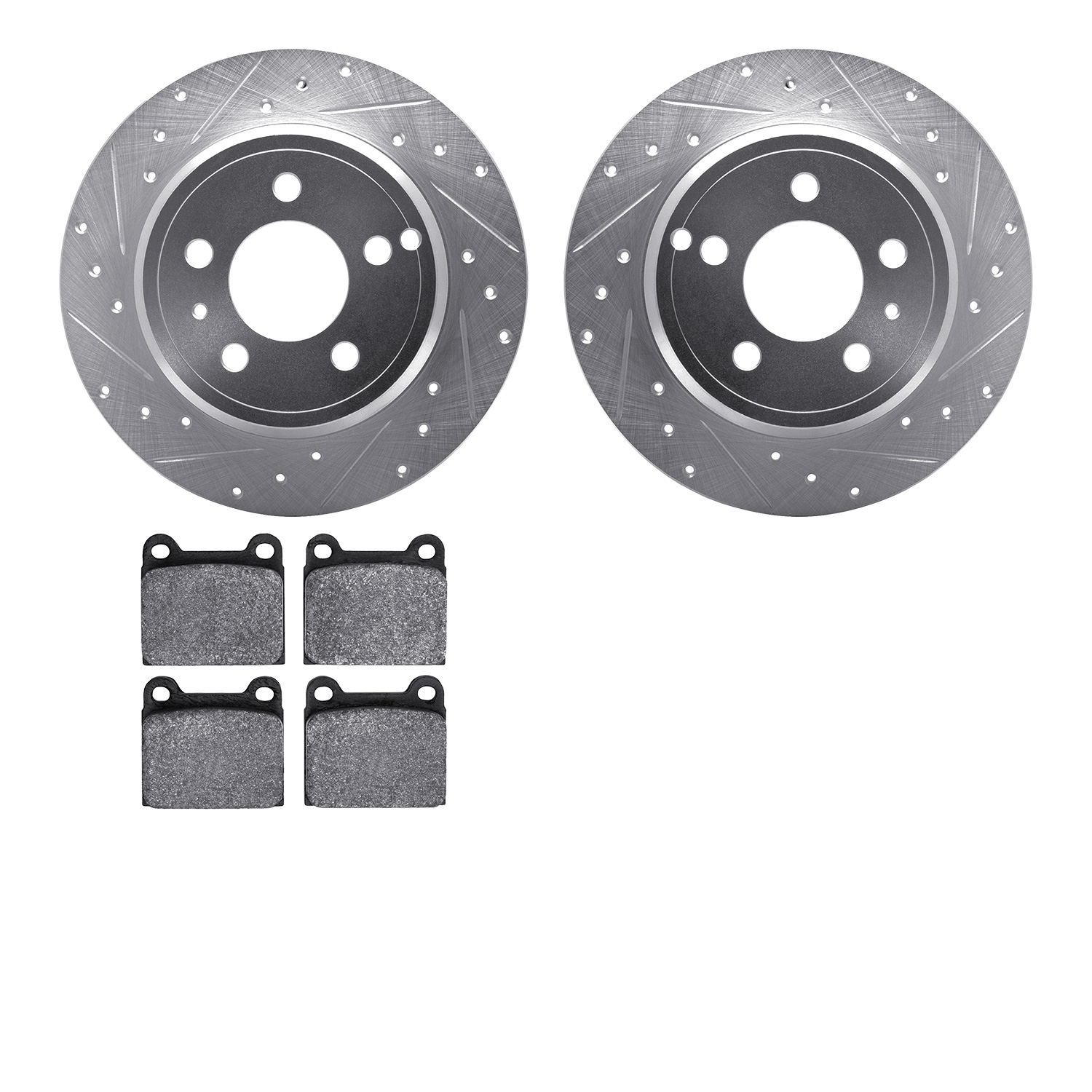 7302-27001 Drilled/Slotted Brake Rotor with 3000-Series Ceramic Brake Pads Kit [Silver], 1996-2004 Volvo, Position: Rear