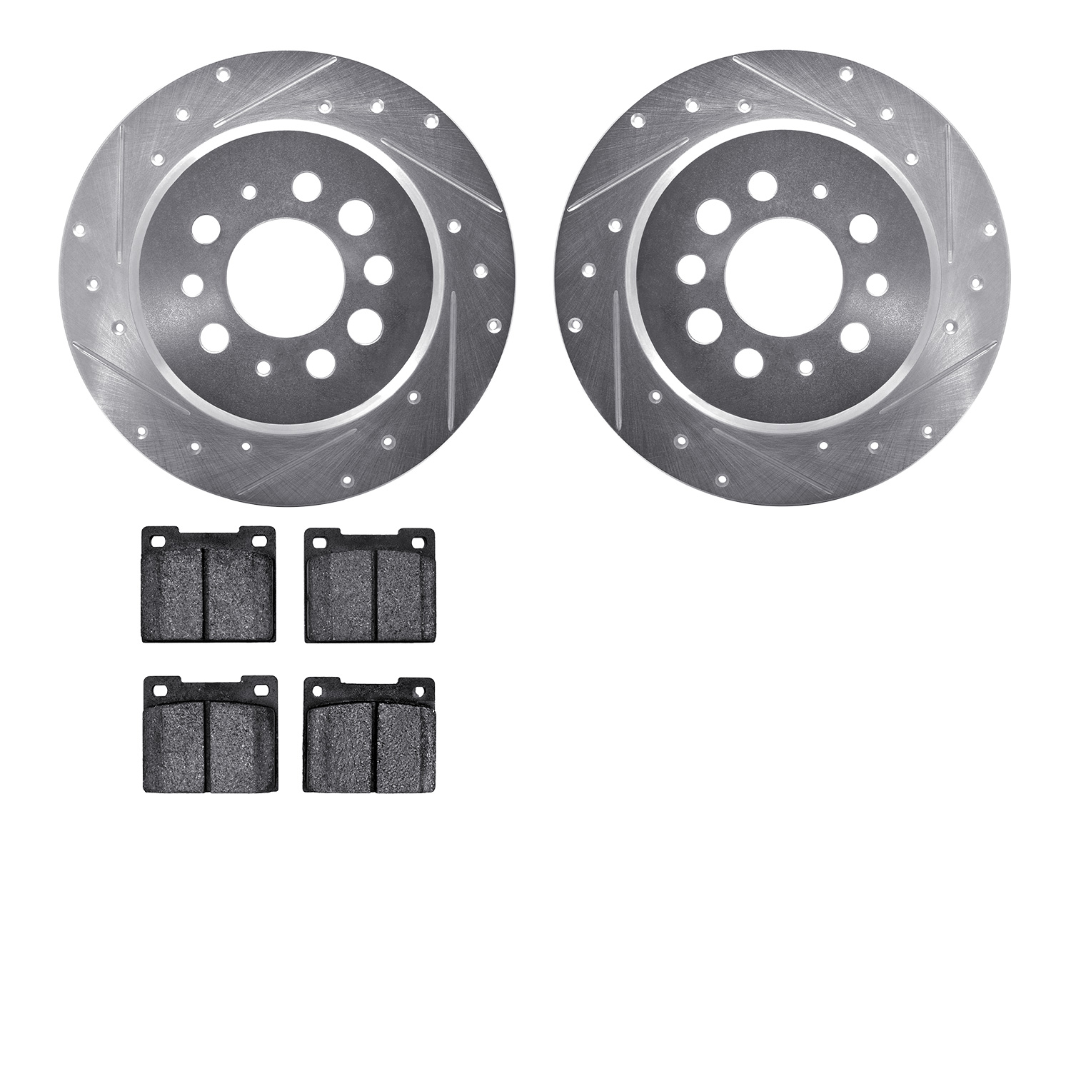 7302-27014 Drilled/Slotted Brake Rotor with 3000-Series Ceramic Brake Pads Kit [Silver], 1967-1974 Volvo, Position: Rear