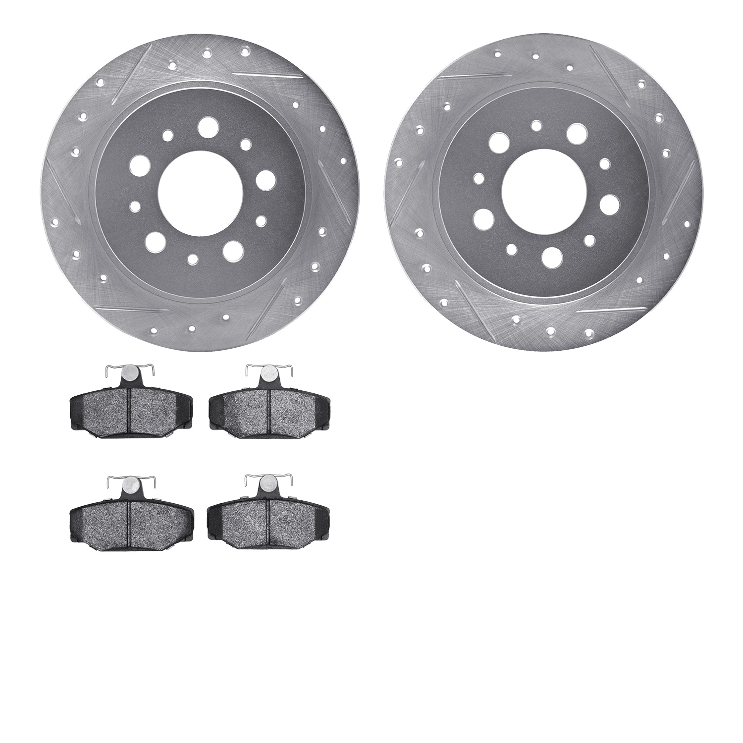7302-27026 Drilled/Slotted Brake Rotor with 3000-Series Ceramic Brake Pads Kit [Silver], 1988-1994 Volvo, Position: Rear
