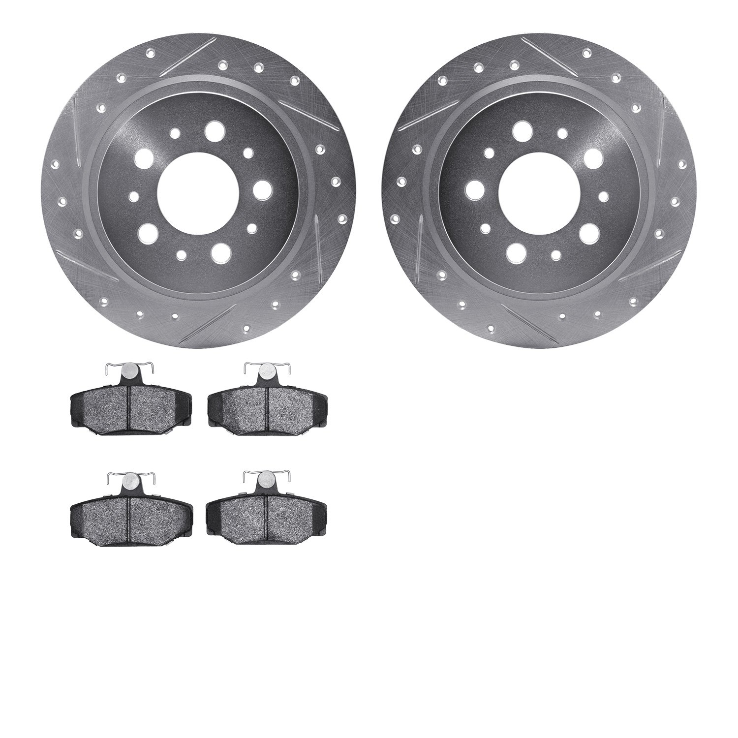 7302-27029 Drilled/Slotted Brake Rotor with 3000-Series Ceramic Brake Pads Kit [Silver], 1997-1998 Volvo, Position: Rear