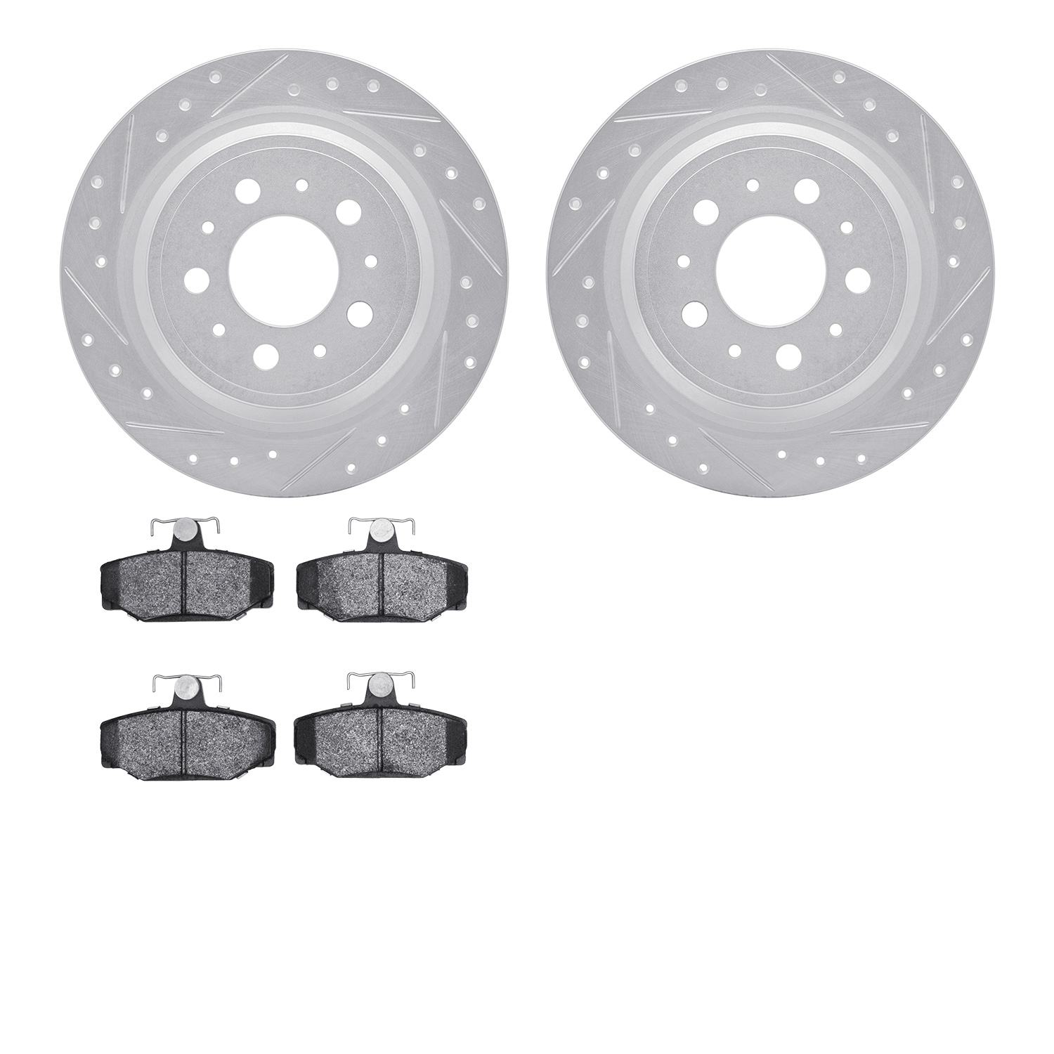 7302-27030 Drilled/Slotted Brake Rotor with 3000-Series Ceramic Brake Pads Kit [Silver], 1998-2000 Volvo, Position: Rear