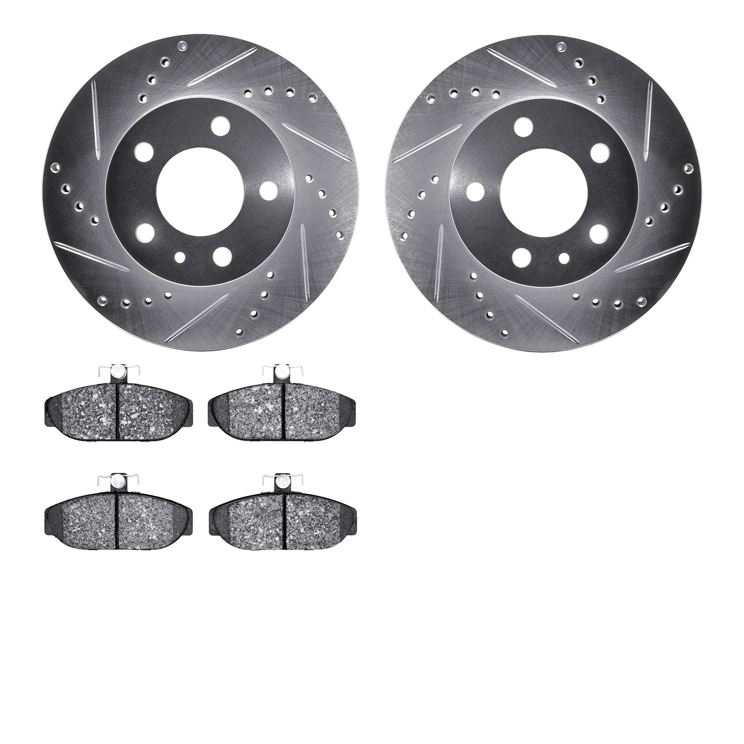 7302-27041 Drilled/Slotted Brake Rotor with 3000-Series Ceramic Brake Pads Kit [Silver], 1983-1990 Volvo, Position: Front