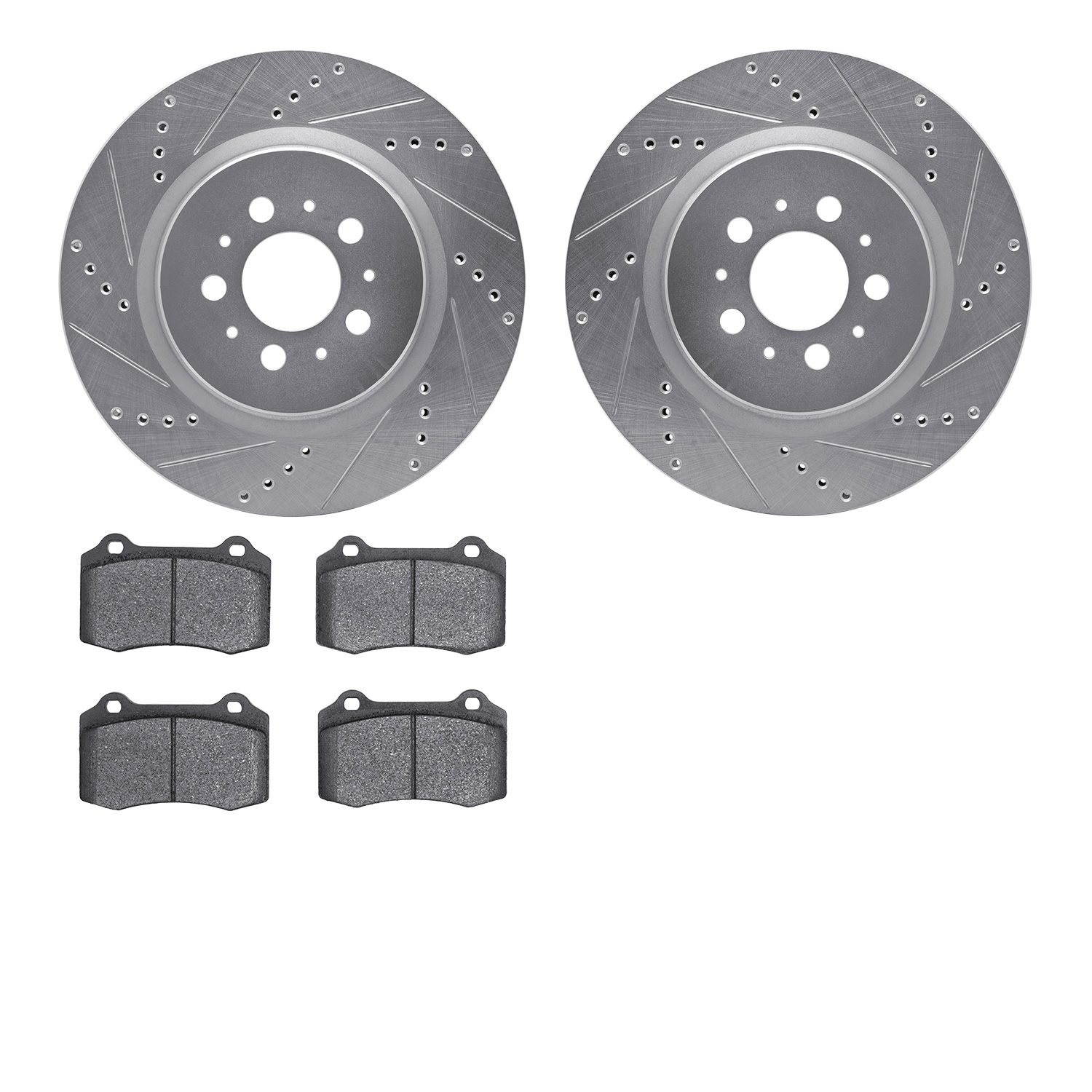 7302-27043 Drilled/Slotted Brake Rotor with 3000-Series Ceramic Brake Pads Kit [Silver], 2004-2007 Volvo, Position: Rear