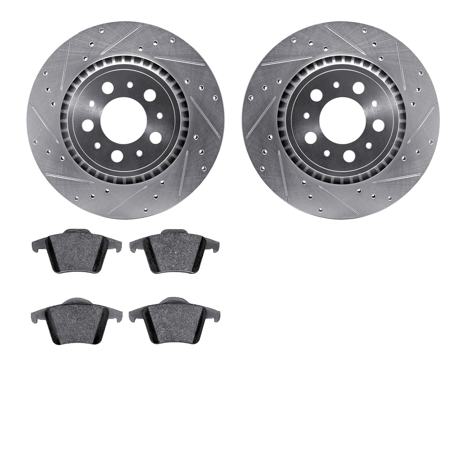 7302-27053 Drilled/Slotted Brake Rotor with 3000-Series Ceramic Brake Pads Kit [Silver], 2003-2014 Volvo, Position: Rear