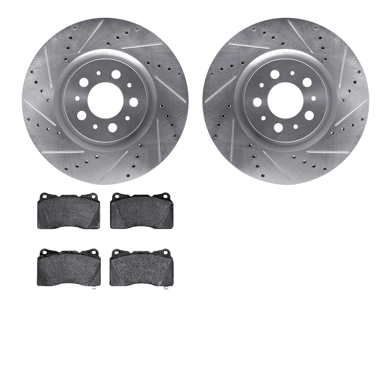 7302-27054 Drilled/Slotted Brake Rotor with 3000-Series Ceramic Brake Pads Kit [Silver], 2004-2007 Volvo, Position: Front