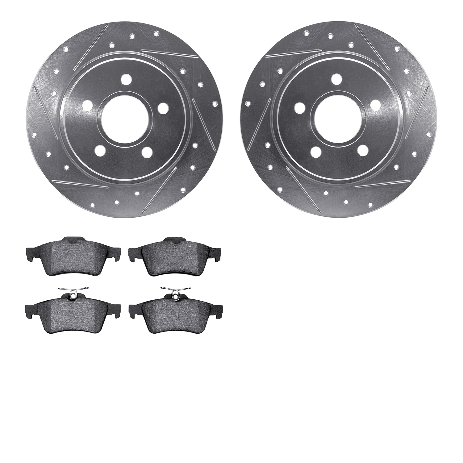7302-27056 Drilled/Slotted Brake Rotor with 3000-Series Ceramic Brake Pads Kit [Silver], 2004-2013 Volvo, Position: Rear
