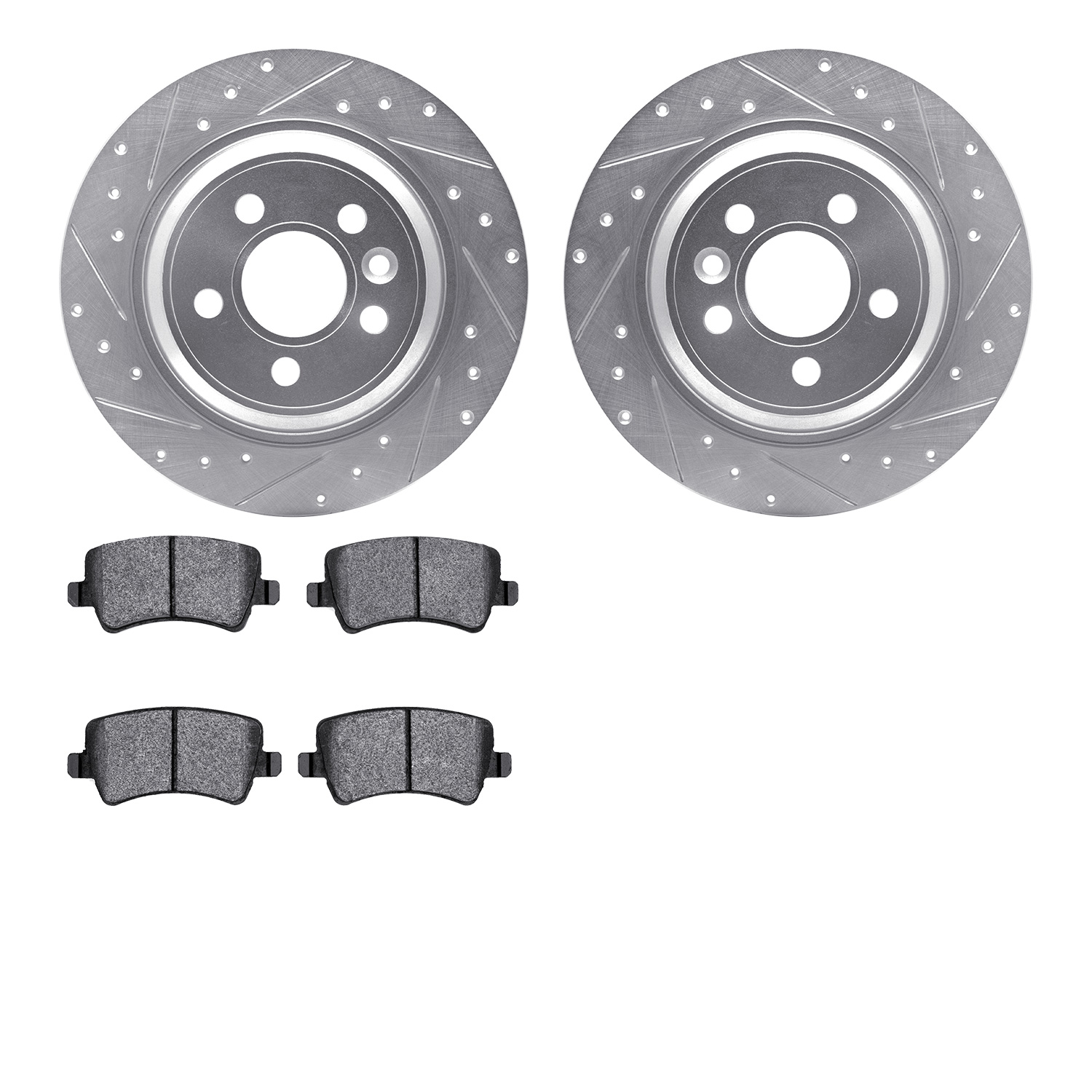 7302-27061 Drilled/Slotted Brake Rotor with 3000-Series Ceramic Brake Pads Kit [Silver], 2007-2018 Volvo, Position: Rear