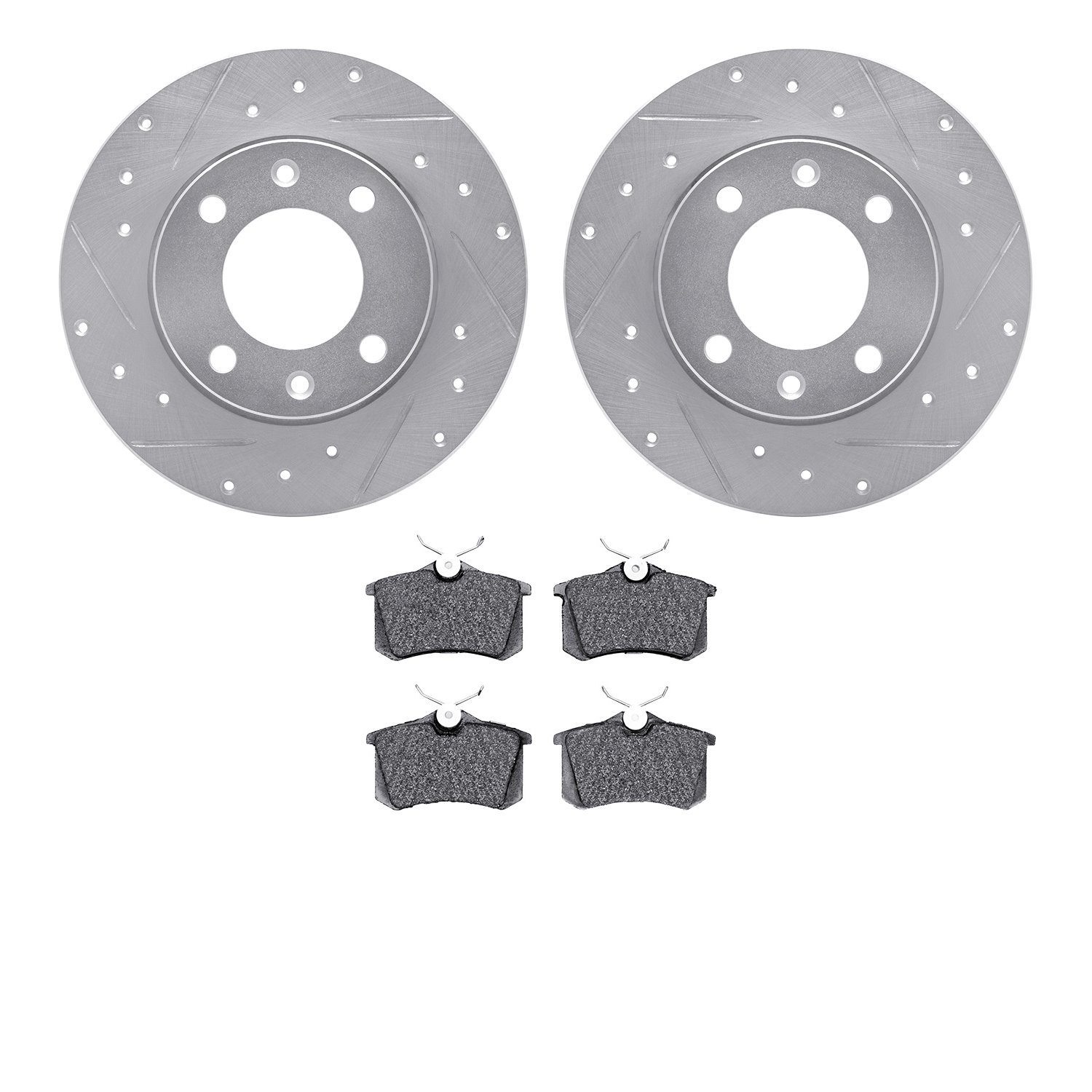 7302-28002 Drilled/Slotted Brake Rotor with 3000-Series Ceramic Brake Pads Kit [Silver], 1989-1991 Peugeot, Position: Rear
