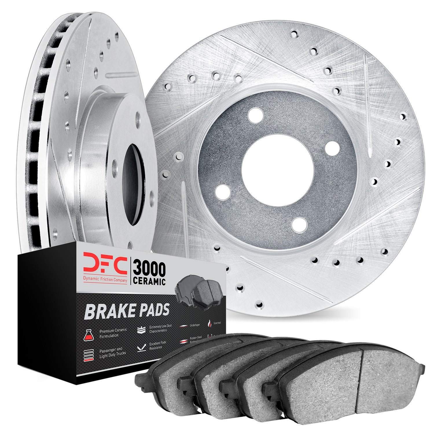 7302-50001 Drilled/Slotted Brake Rotor with 3000-Series Ceramic Brake Pads Kit [Silver], 1989-2001 GM, Position: Front