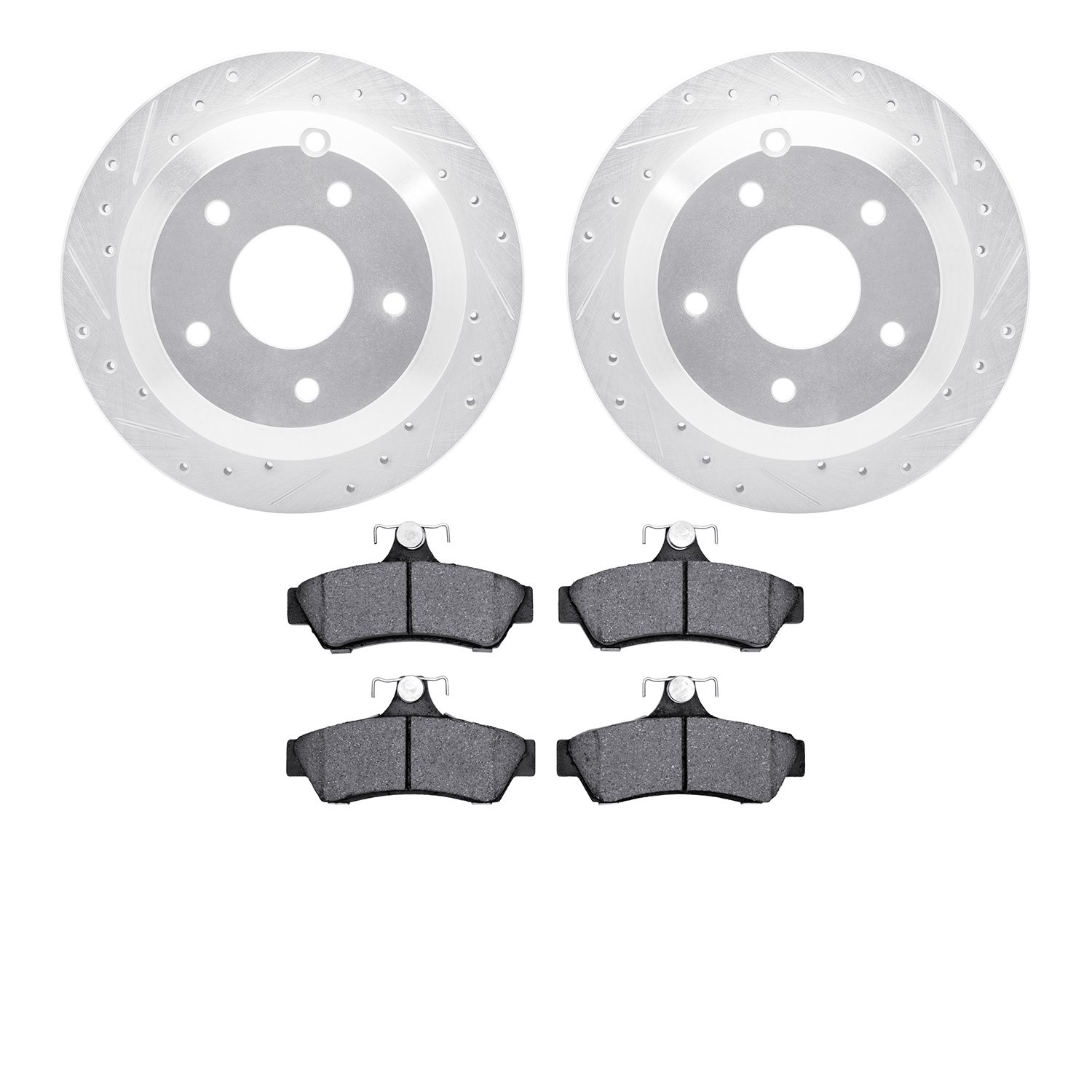 7302-52005 Drilled/Slotted Brake Rotor with 3000-Series Ceramic Brake Pads Kit [Silver], 2005-2006 GM, Position: Rear