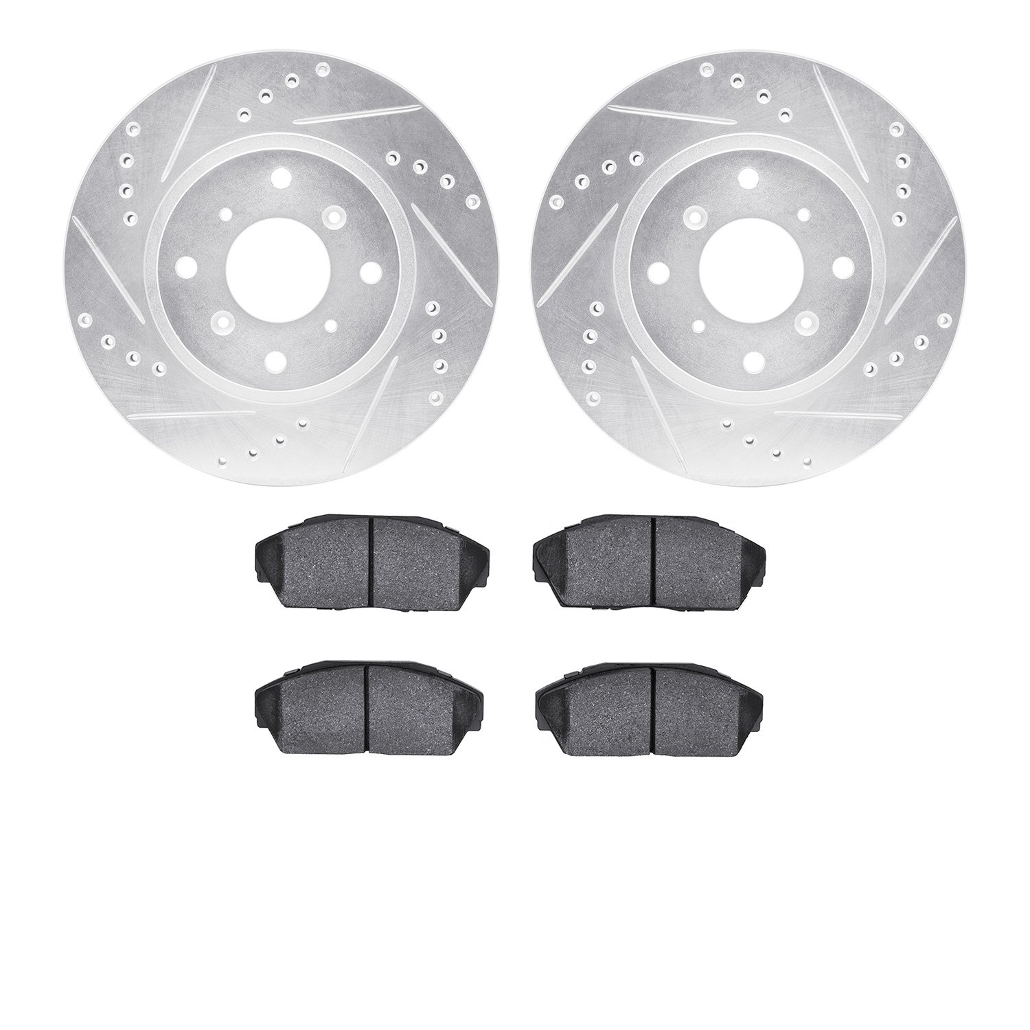 7302-58003 Drilled/Slotted Brake Rotor with 3000-Series Ceramic Brake Pads Kit [Silver], 1987-1990 Acura/Honda, Position: Front