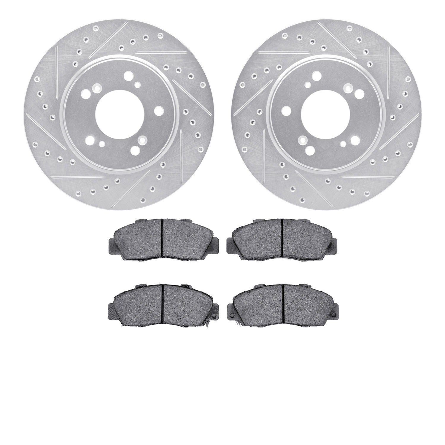 7302-58004 Drilled/Slotted Brake Rotor with 3000-Series Ceramic Brake Pads Kit [Silver], 1991-1996 Acura/Honda, Position: Front