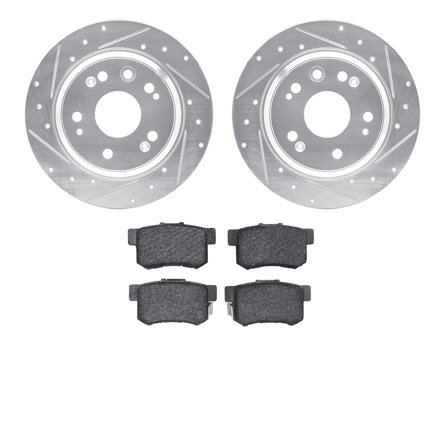 7302-58014 Drilled/Slotted Brake Rotor with 3000-Series Ceramic Brake Pads Kit [Silver], 2002-2004 Acura/Honda, Position: Rear