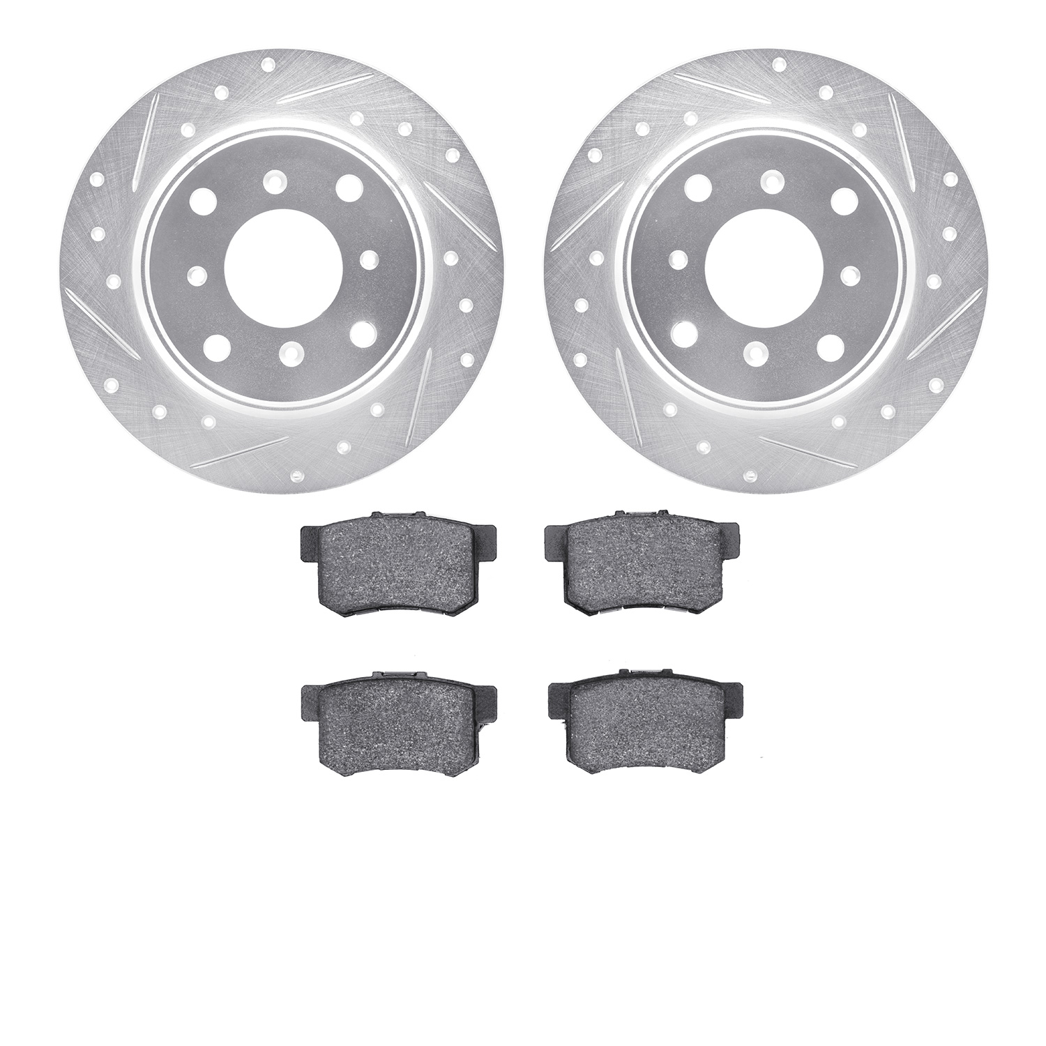 7302-58015 Drilled/Slotted Brake Rotor with 3000-Series Ceramic Brake Pads Kit [Silver], 1987-1990 Acura/Honda, Position: Rear