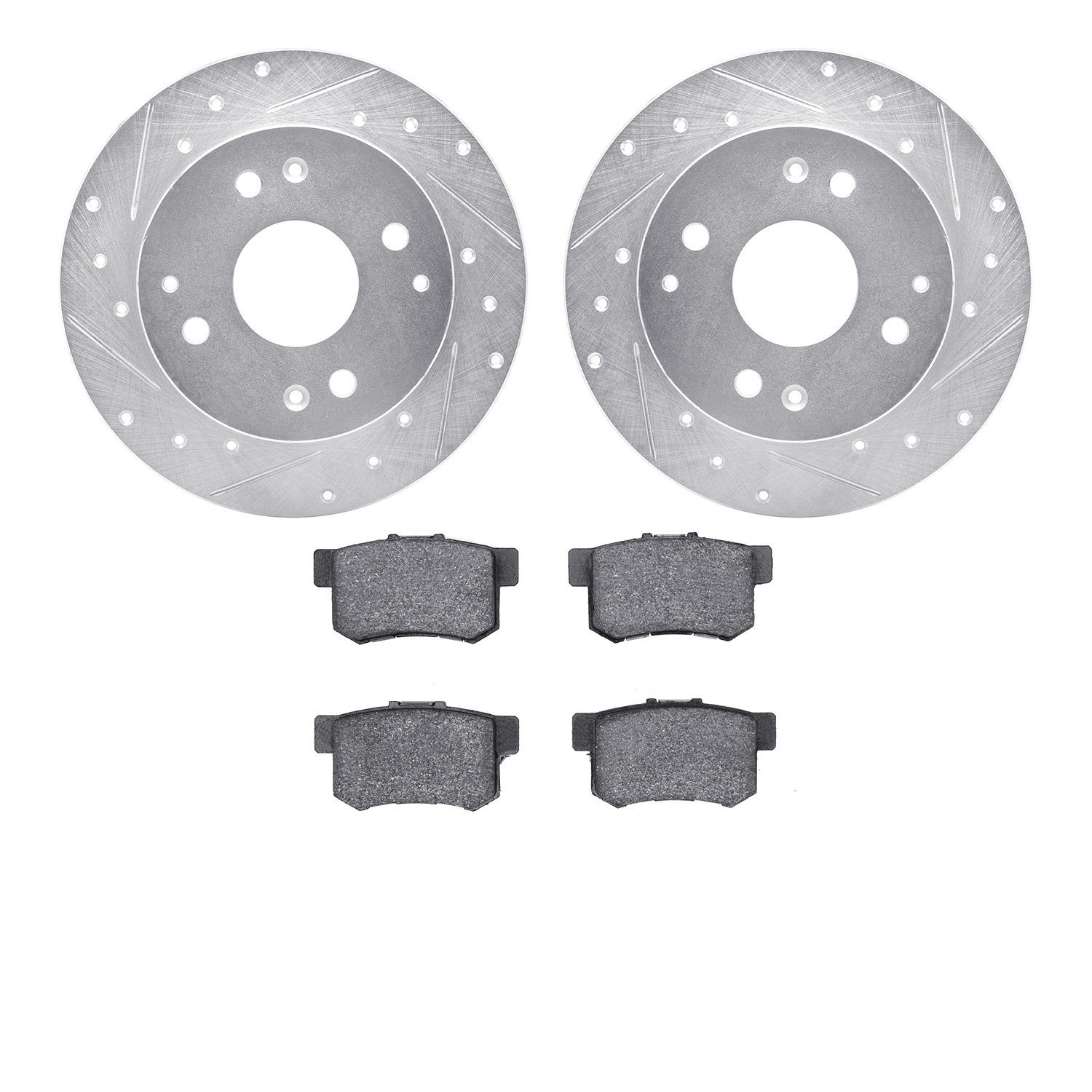 7302-58016 Drilled/Slotted Brake Rotor with 3000-Series Ceramic Brake Pads Kit [Silver], 1992-1994 Acura/Honda, Position: Rear